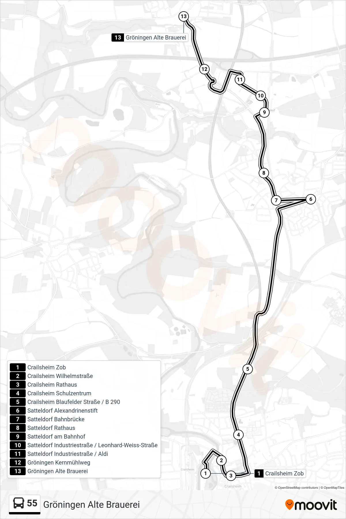 55 bus Line (Gröningen Alte Brauerei) route and stops on a map