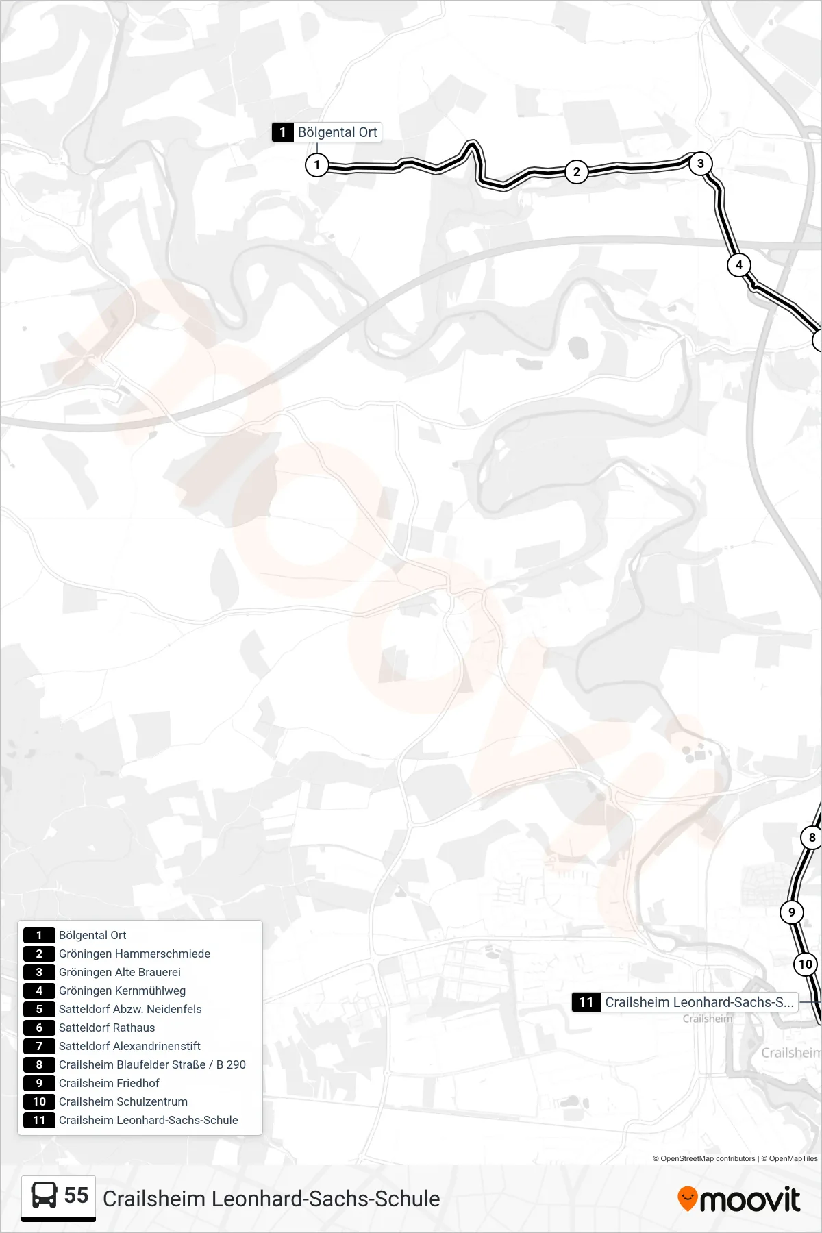 55 bus Line (Crailsheim Leonhard-Sachs-Schule) route and stops on a map