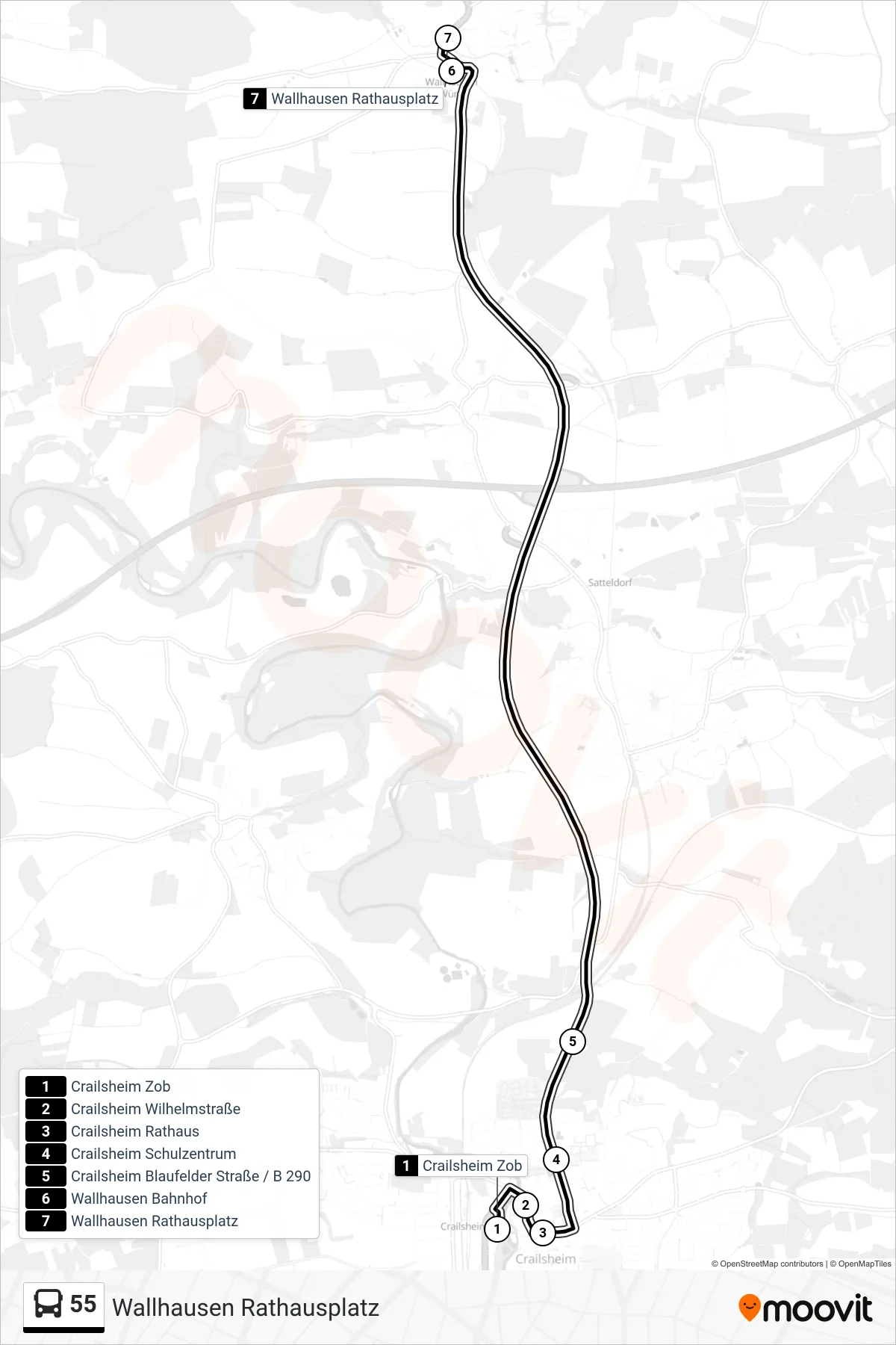 55 bus Line (Wallhausen Rathausplatz) route and stops on a map