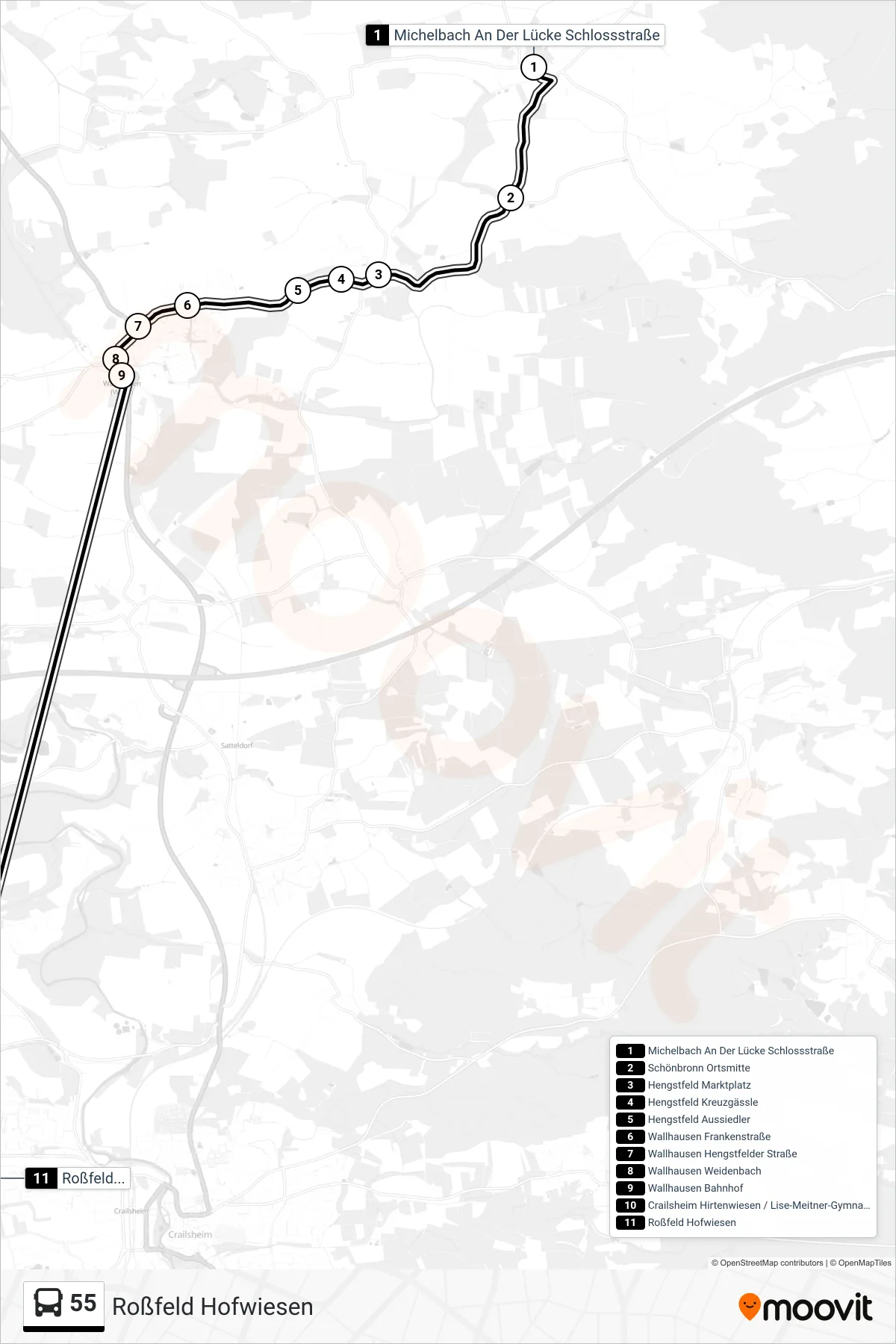 55 bus Line (Roßfeld Hofwiesen) route and stops on a map