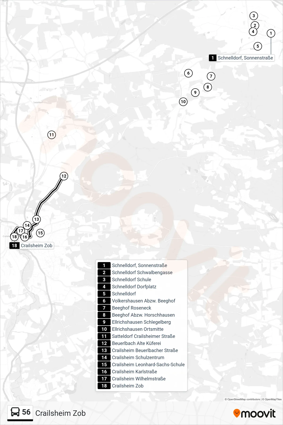 56 bus Line (Crailsheim Zob) route and stops on a map