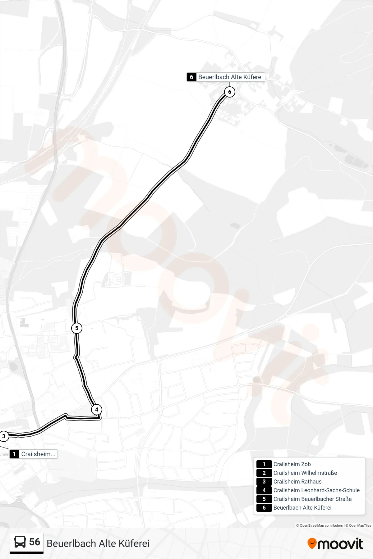 56 bus Line (Beuerlbach Alte Küferei) route and stops on a map