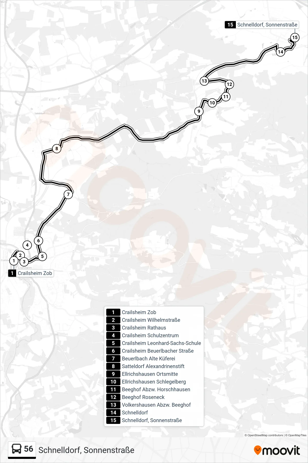 56 bus Line (Schnelldorf, Sonnenstraße) route and stops on a map