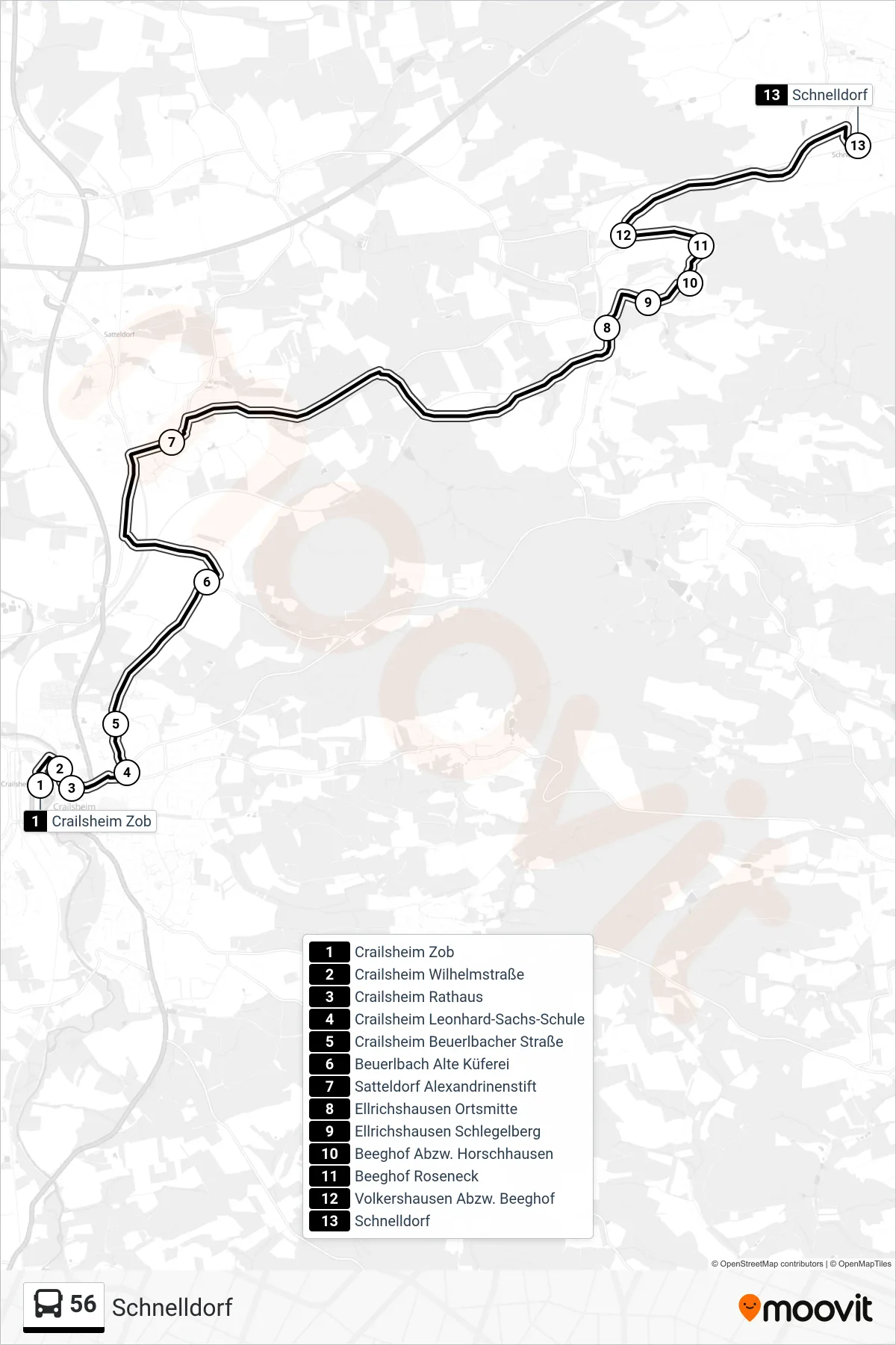 Linie 56 (Bus) Richtung Schnelldorf: Route und Haltestellen auf der Karte