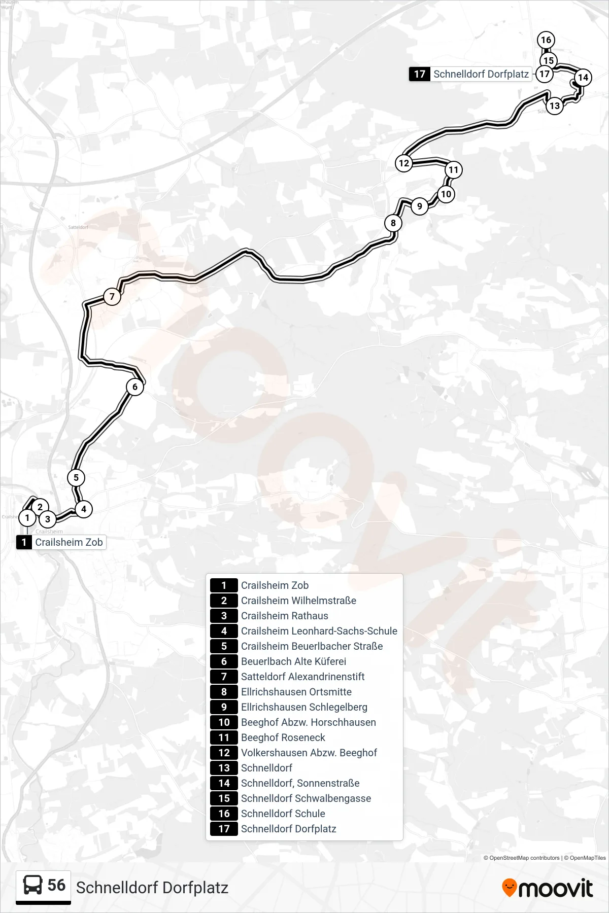 56 bus Line (Schnelldorf Dorfplatz) route and stops on a map