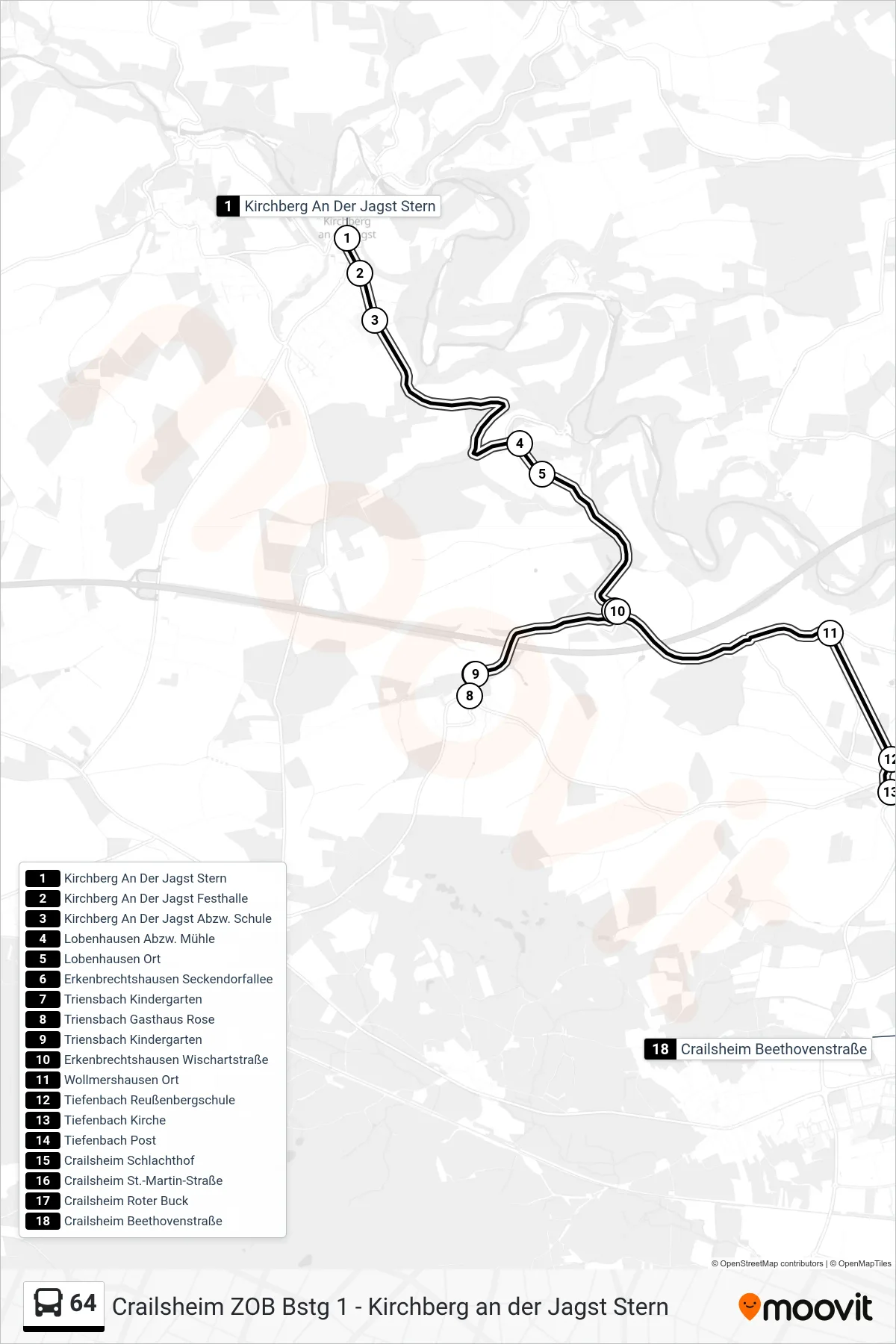64 bus Line (Crailsheim Beethovenstraße) route and stops on a map