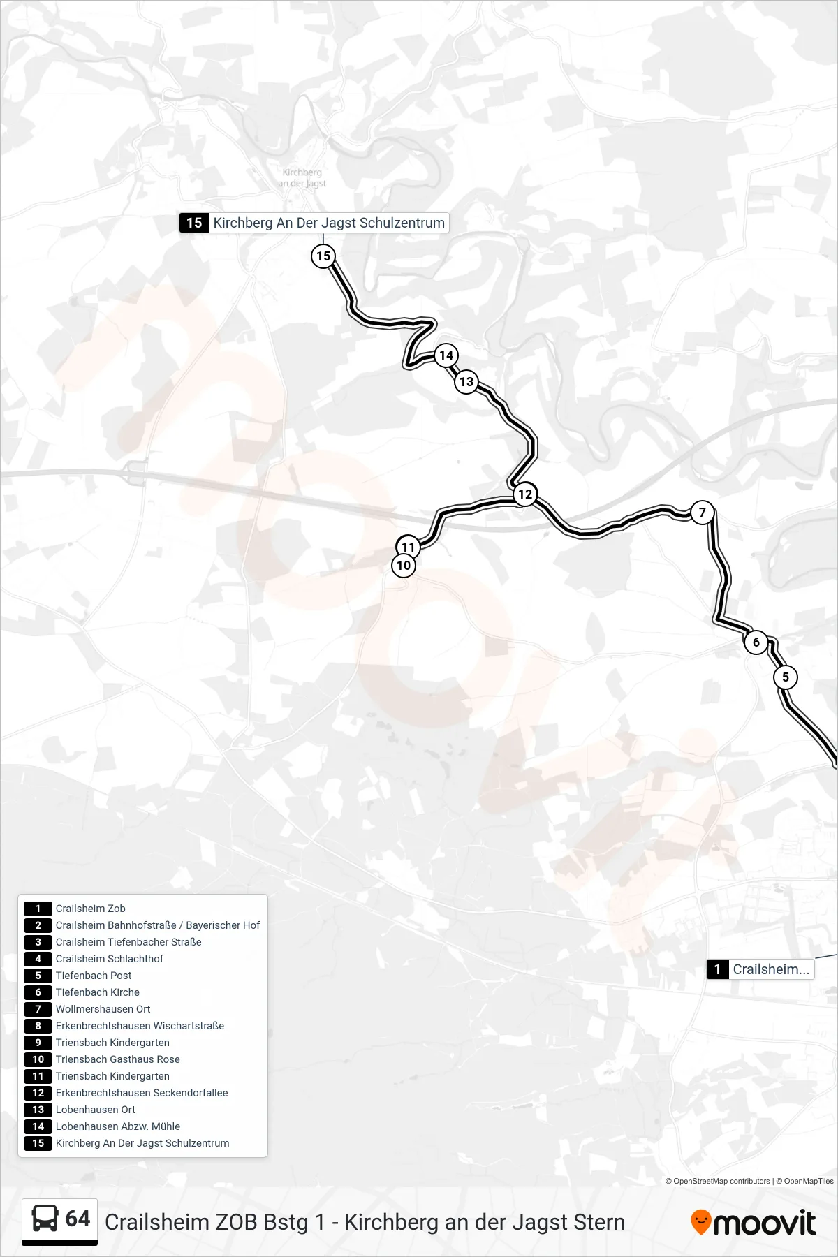 64 bus Line (Kirchberg An Der Jagst Schulzentrum) route and stops on a map