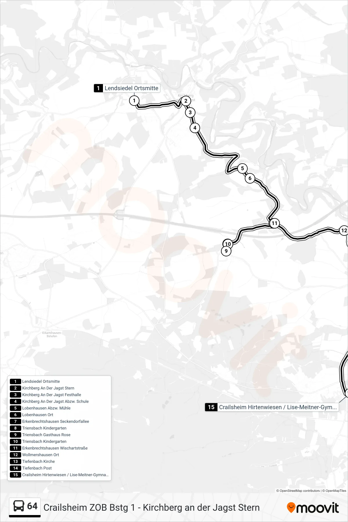 64 bus Line (Crailsheim Hirtenwiesen / Lise-Meitner-Gymnasium) route and stops on a map