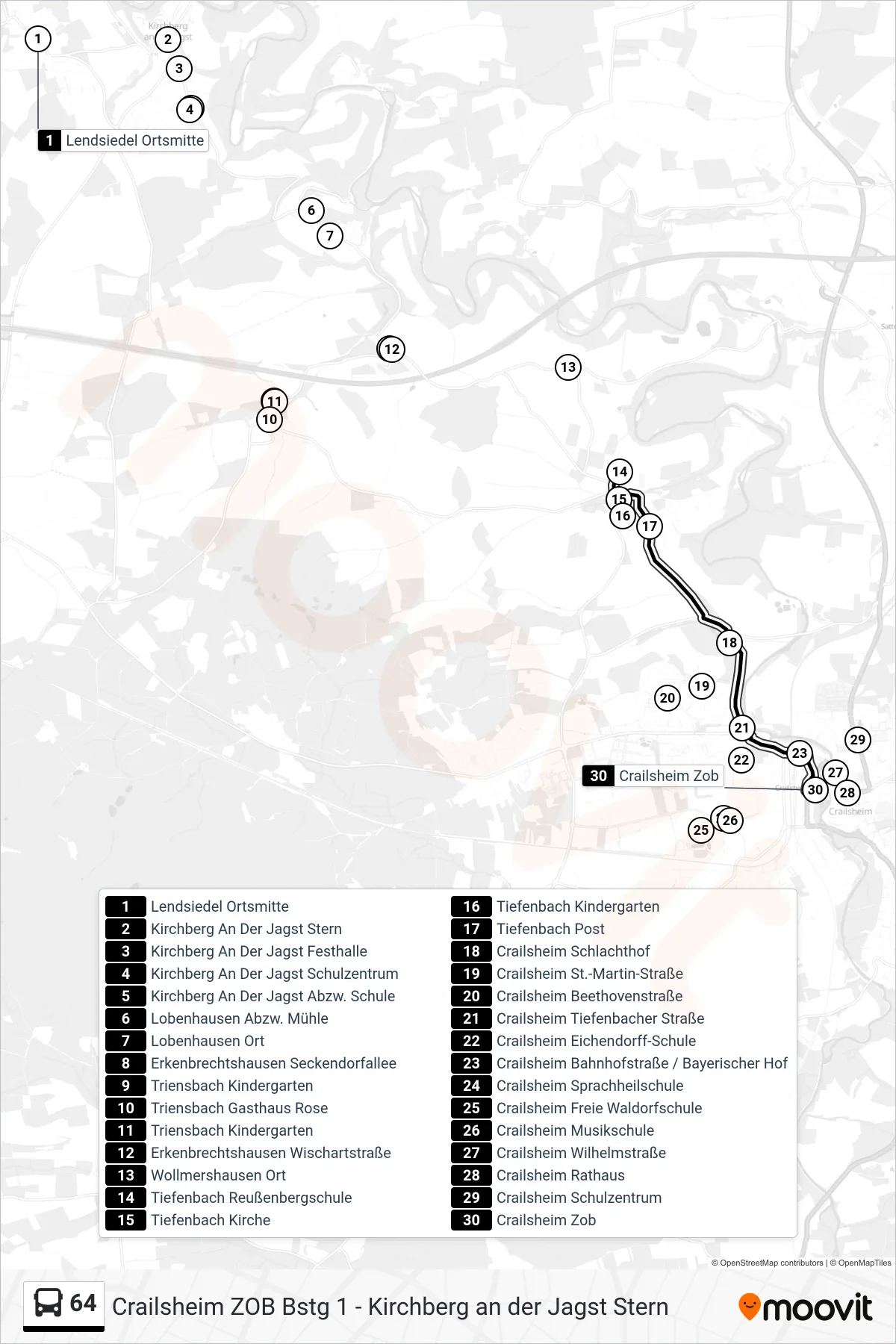 64 bus Line (Crailsheim Zob) route and stops on a map
