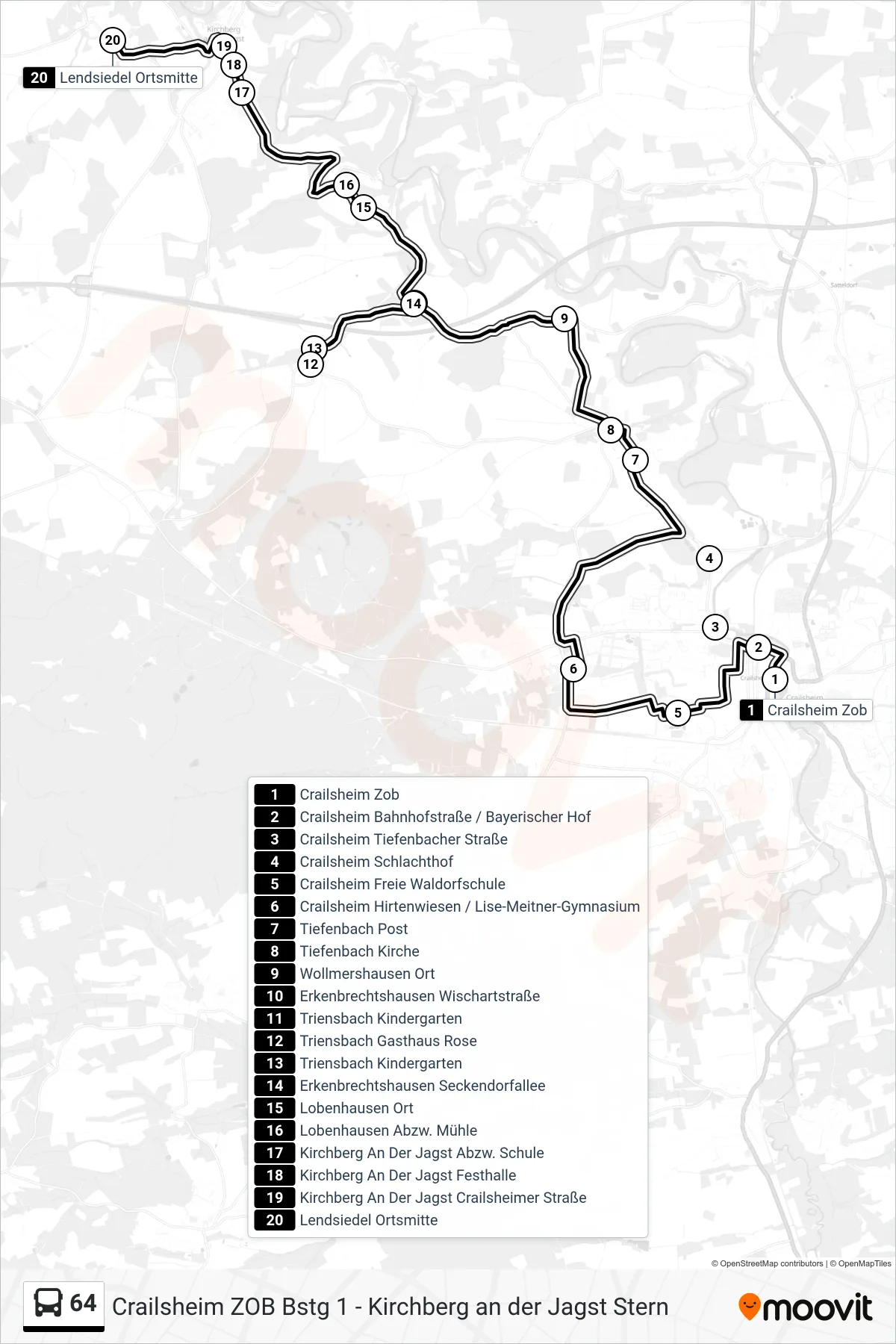 64 bus Line (Lendsiedel Ortsmitte) route and stops on a map