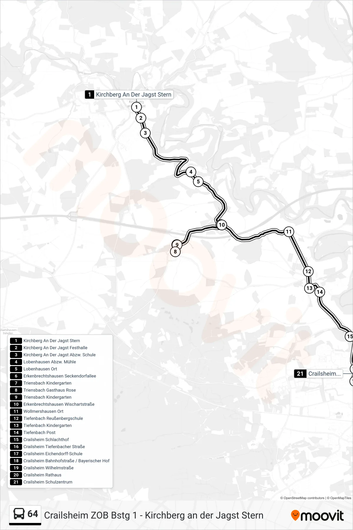 Linie 64 (Bus) Richtung Crailsheim Schulzentrum: Route und Haltestellen auf der Karte
