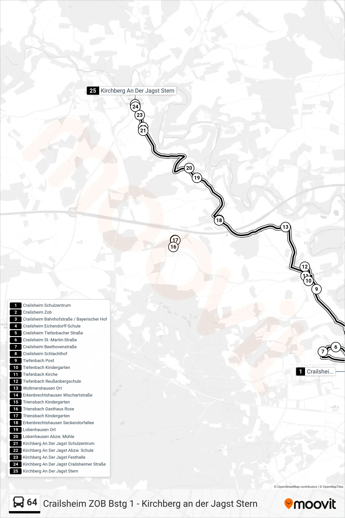 64 bus Line (Kirchberg An Der Jagst Stern) route and stops on a map