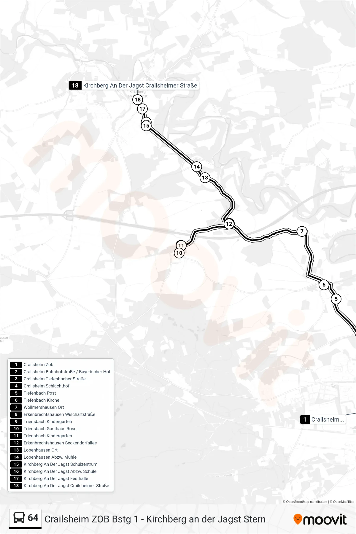 64 bus Line (Kirchberg An Der Jagst Crailsheimer Straße) route and stops on a map