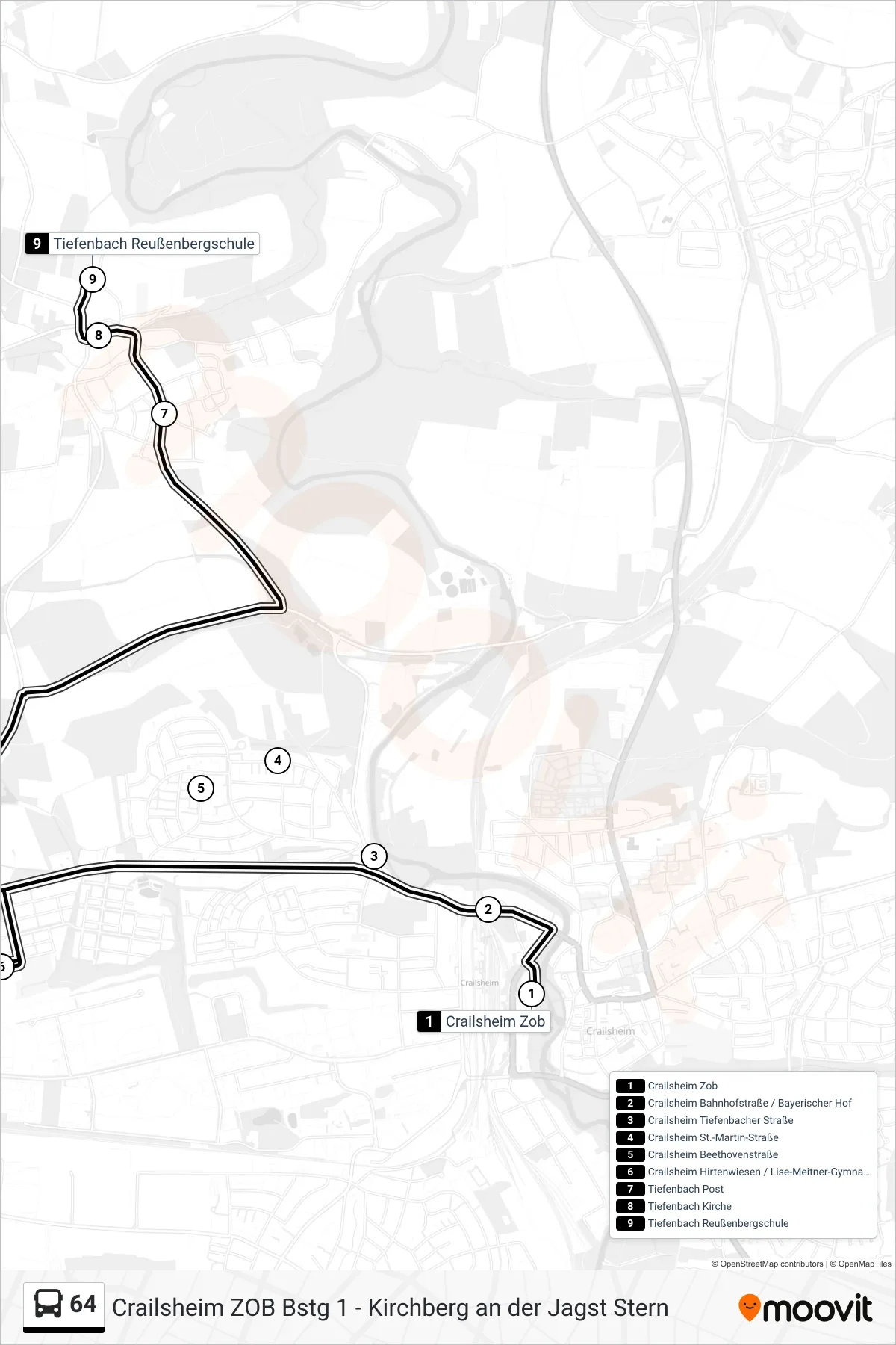 64 bus Line (Tiefenbach Reußenbergschule) route and stops on a map