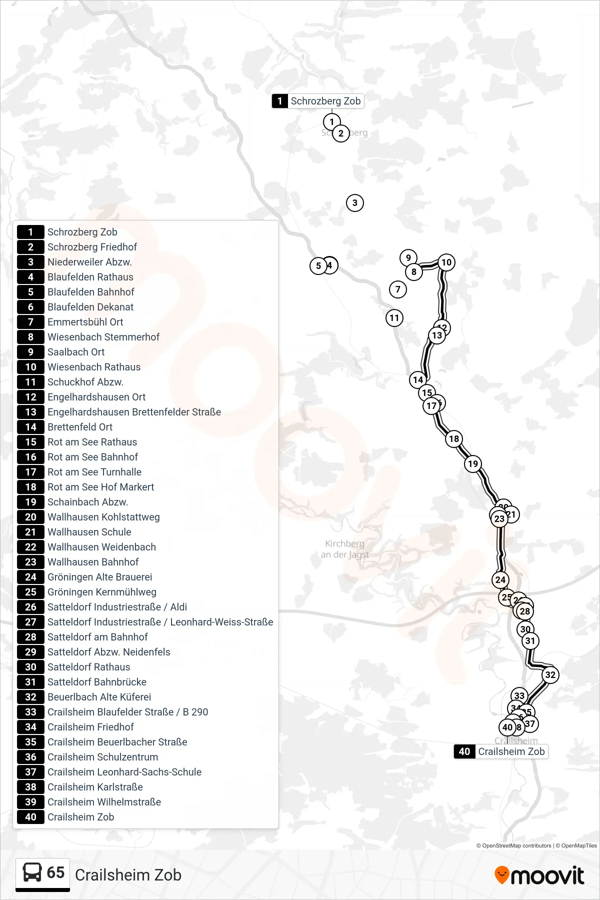 65 bus Line (Crailsheim Zob) route and stops on a map