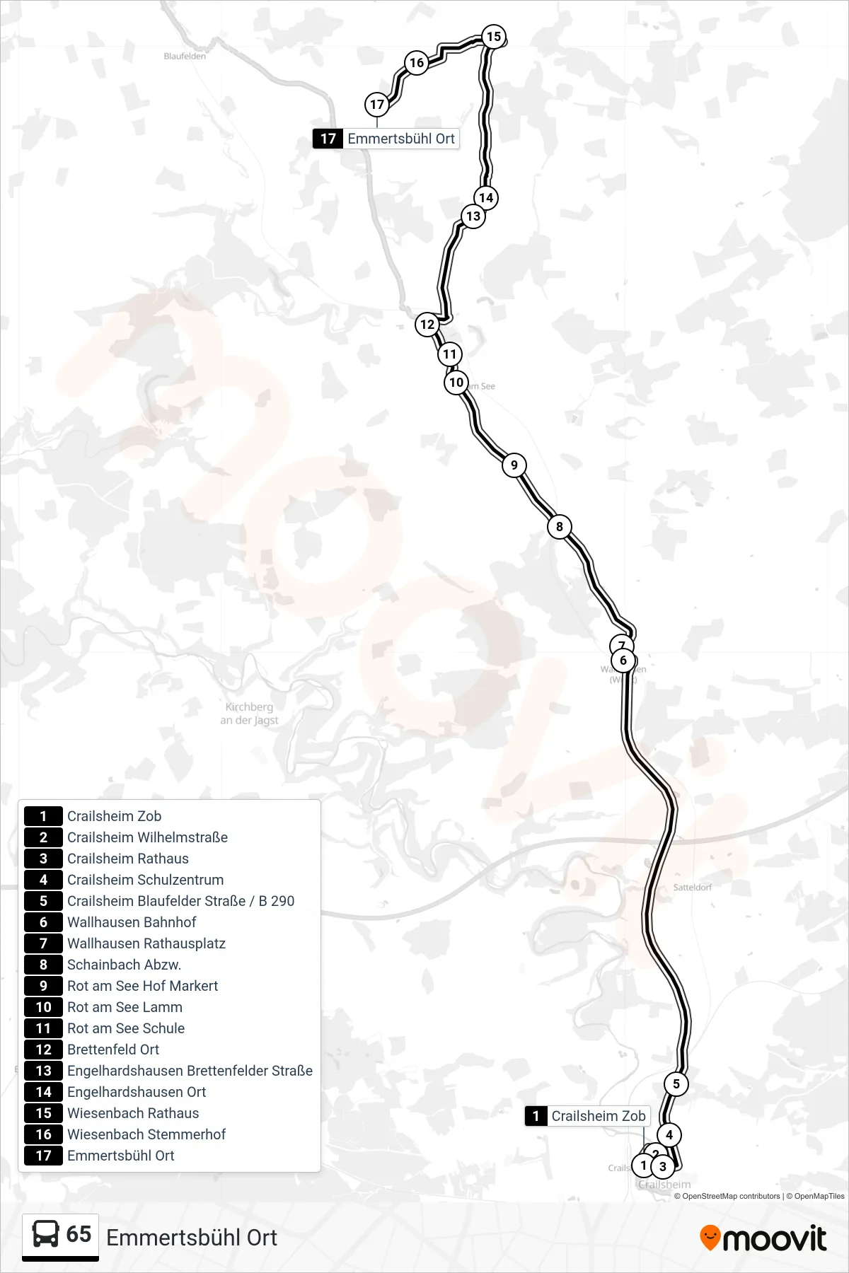 65 bus Line (Emmertsbühl Ort) route and stops on a map