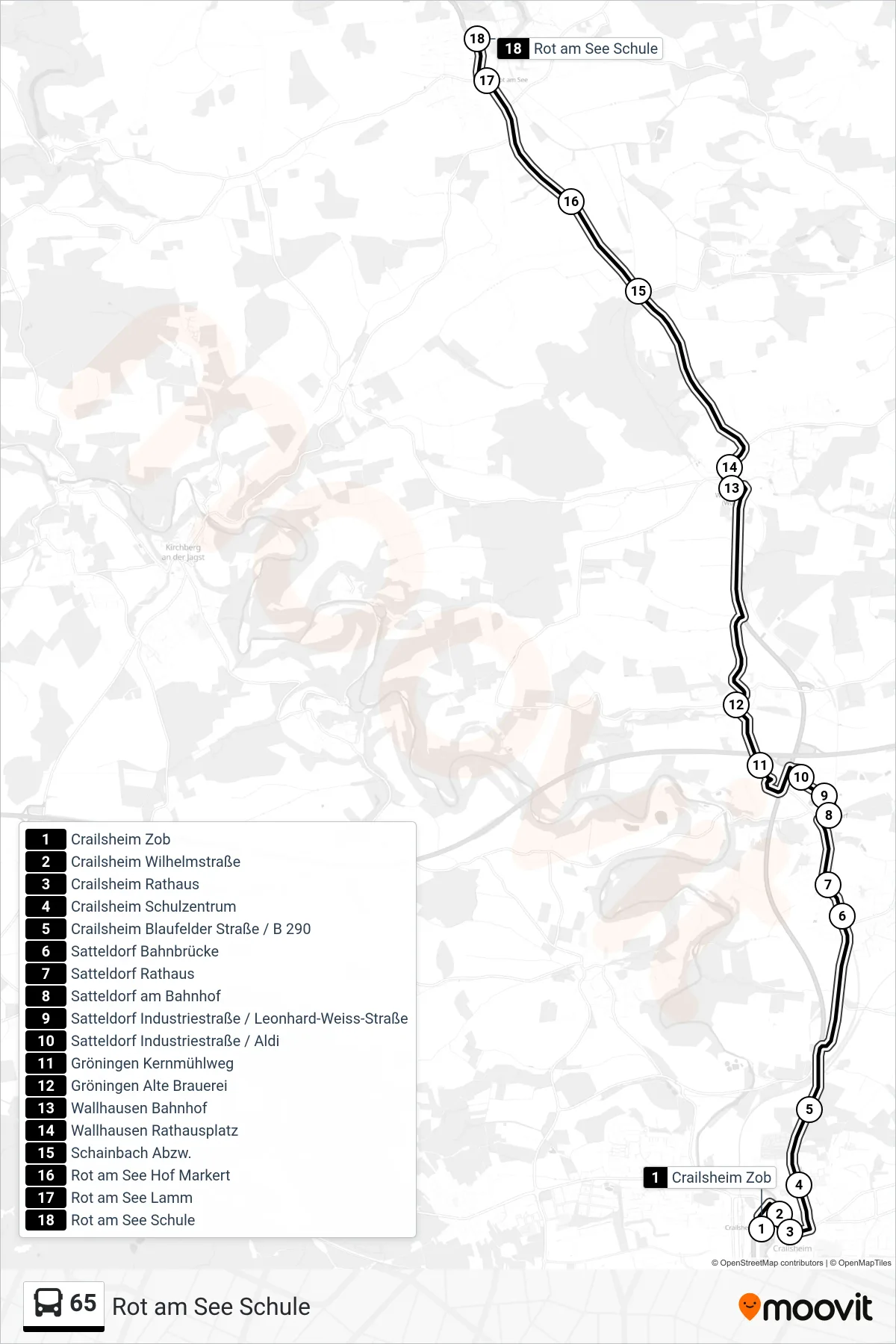 65 bus Line (Rot am See Schule) route and stops on a map