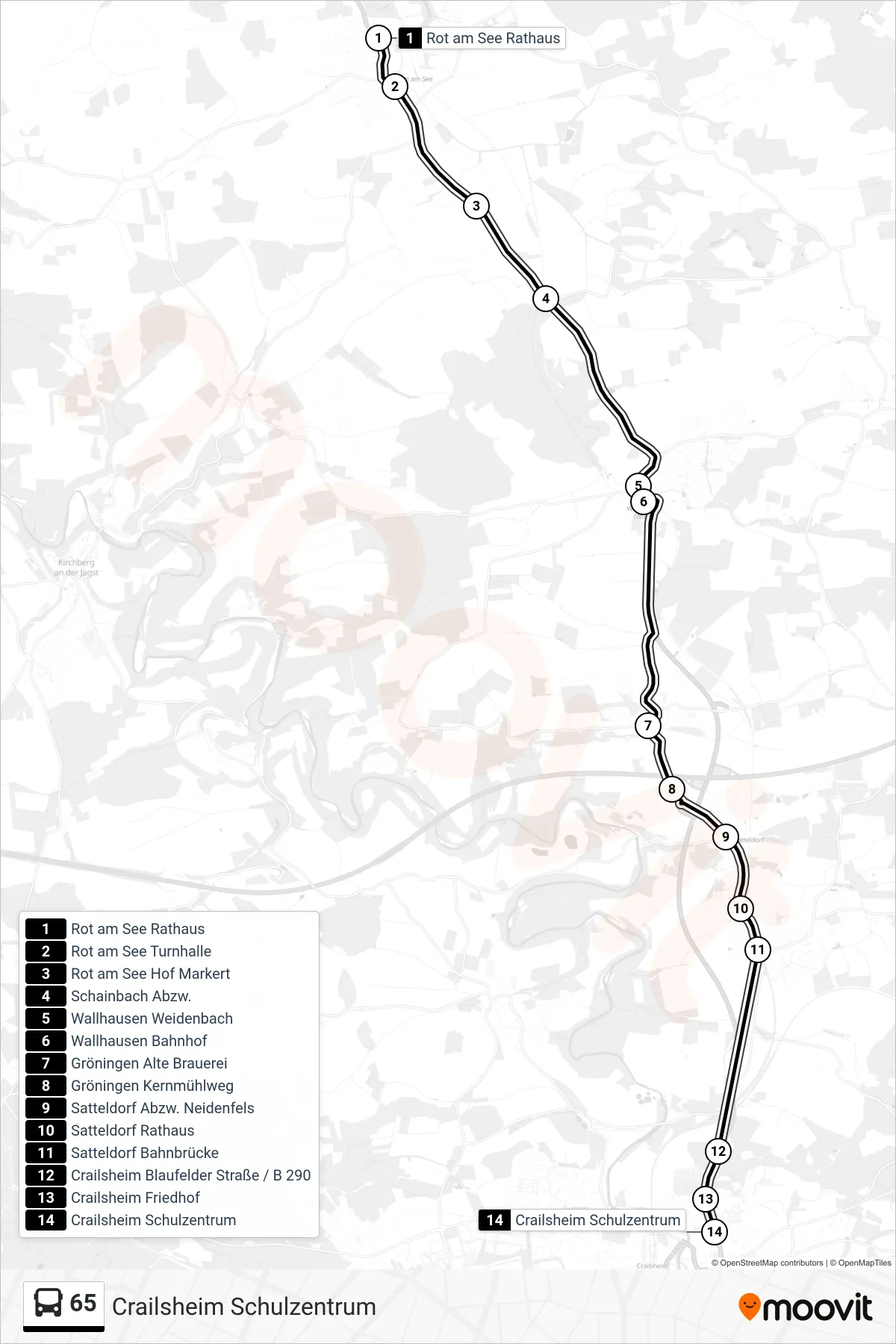 Linie 65 (Bus) Richtung Crailsheim Schulzentrum: Route und Haltestellen auf der Karte