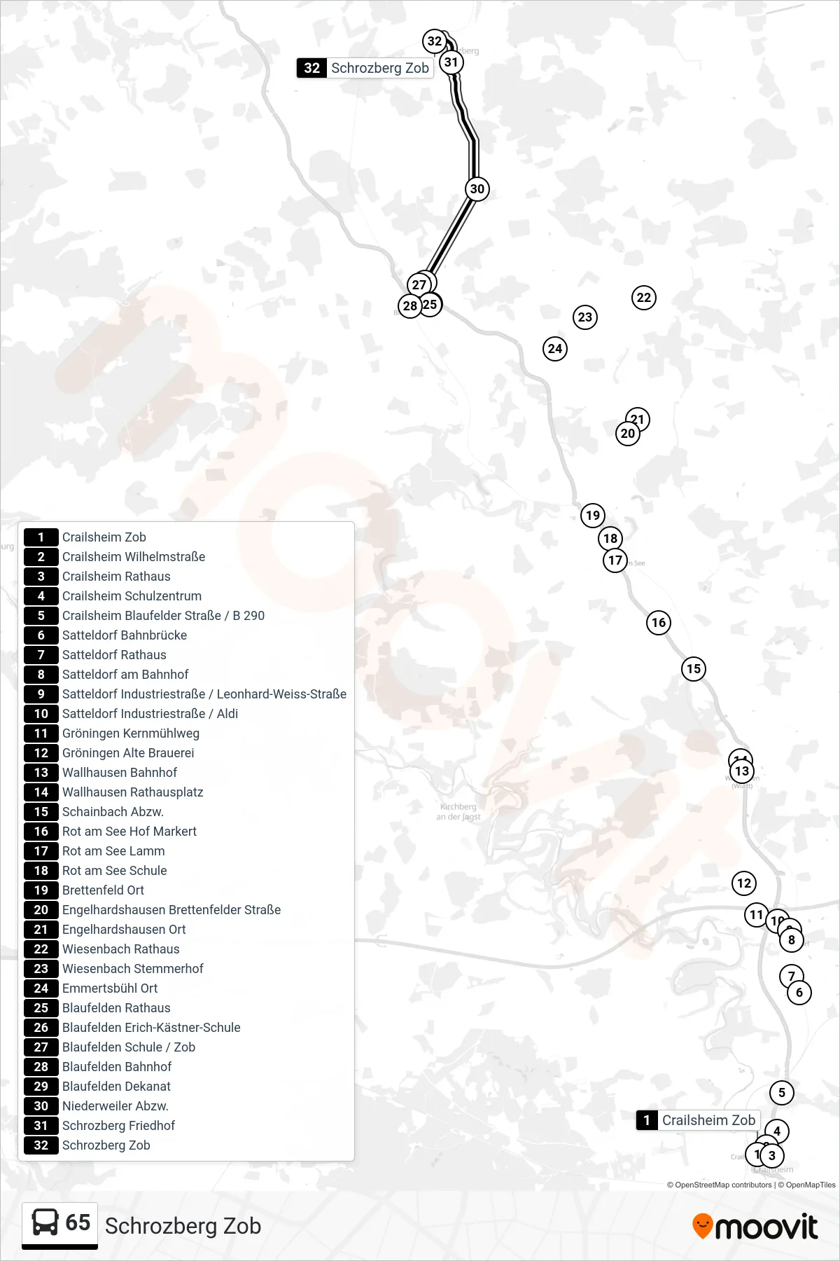 65 bus Line (Schrozberg Zob) route and stops on a map
