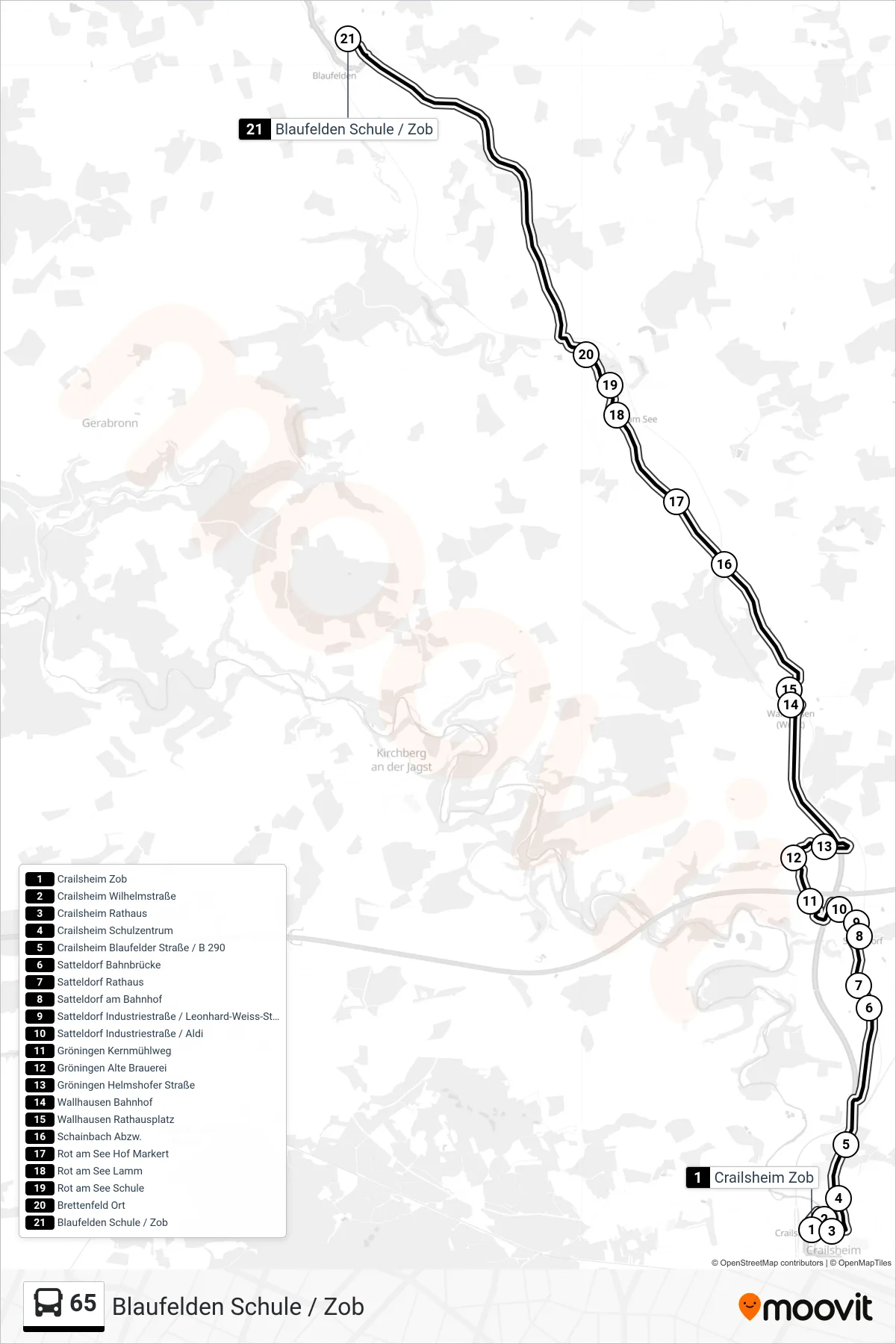 65 bus Line (Blaufelden Schule / Zob) route and stops on a map