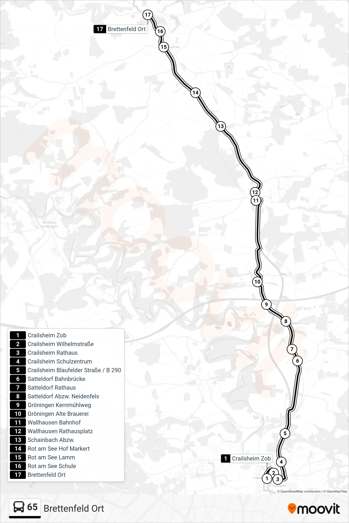 65 bus Line (Brettenfeld Ort) route and stops on a map