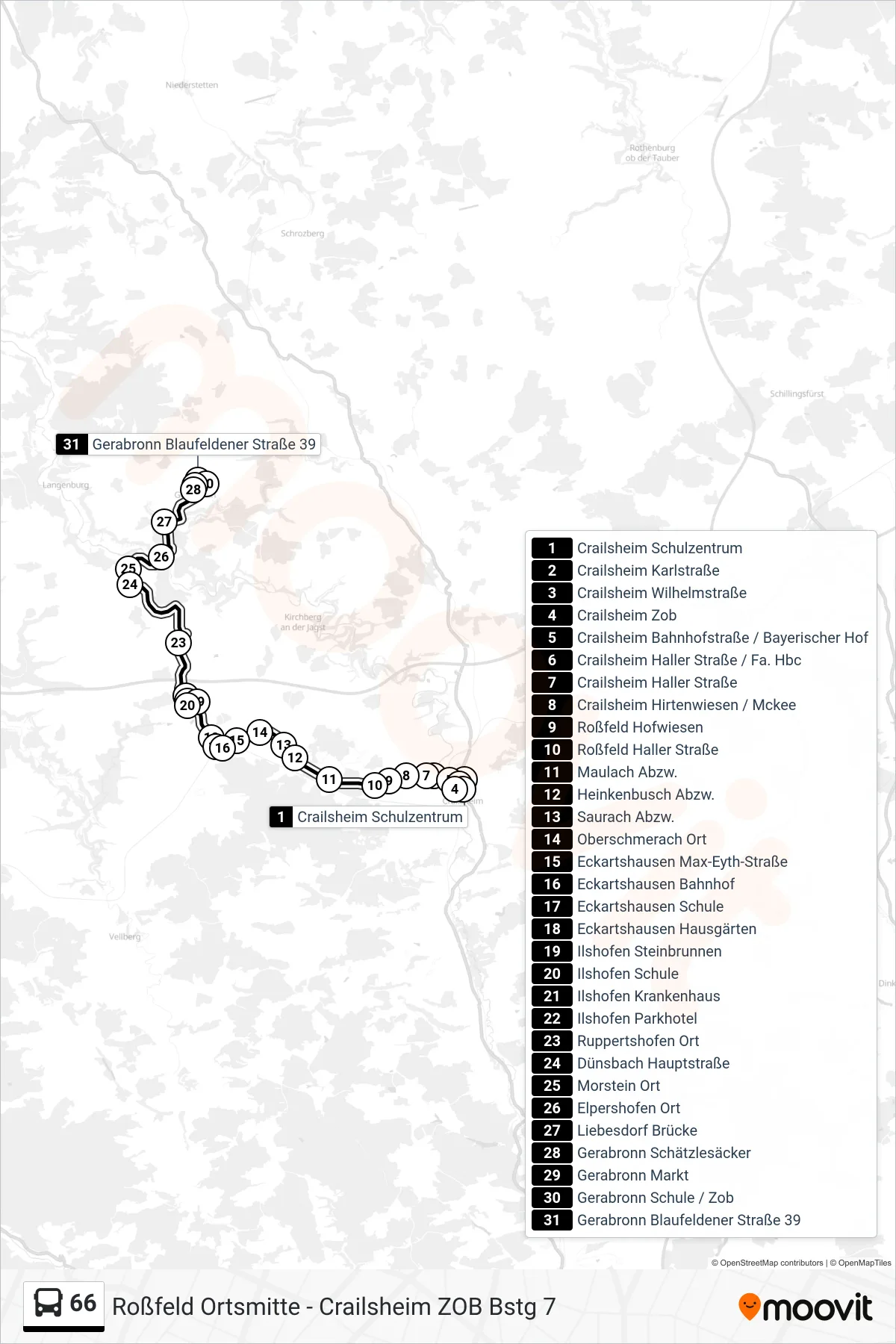 66 bus Line (Gerabronn Blaufeldener Straße 39) route and stops on a map
