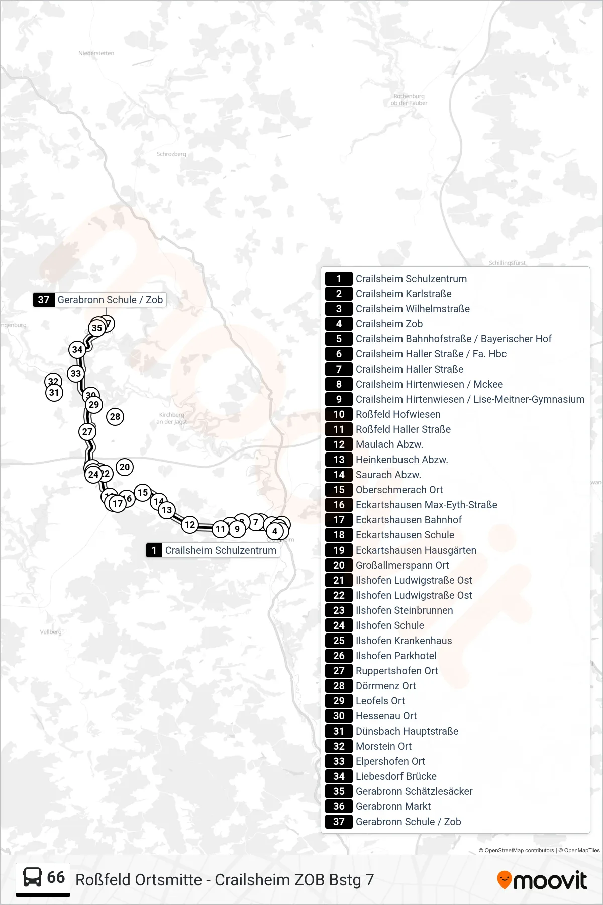 66 bus Line (Gerabronn Schule / Zob) route and stops on a map