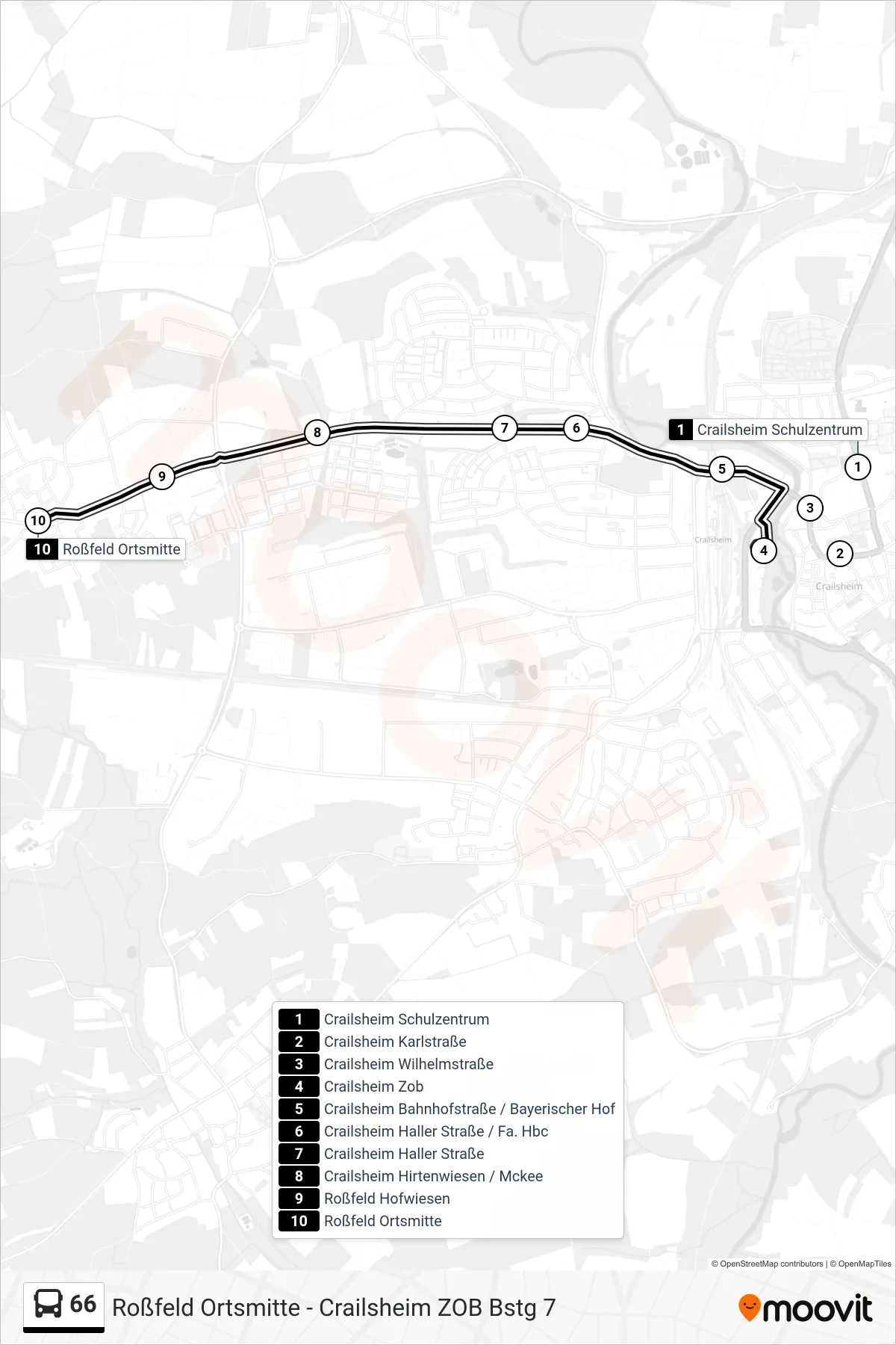 66 bus Line (Roßfeld Ortsmitte) route and stops on a map