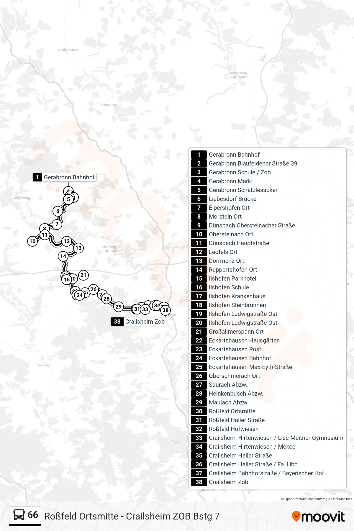 66 bus Line (Crailsheim Zob) route and stops on a map