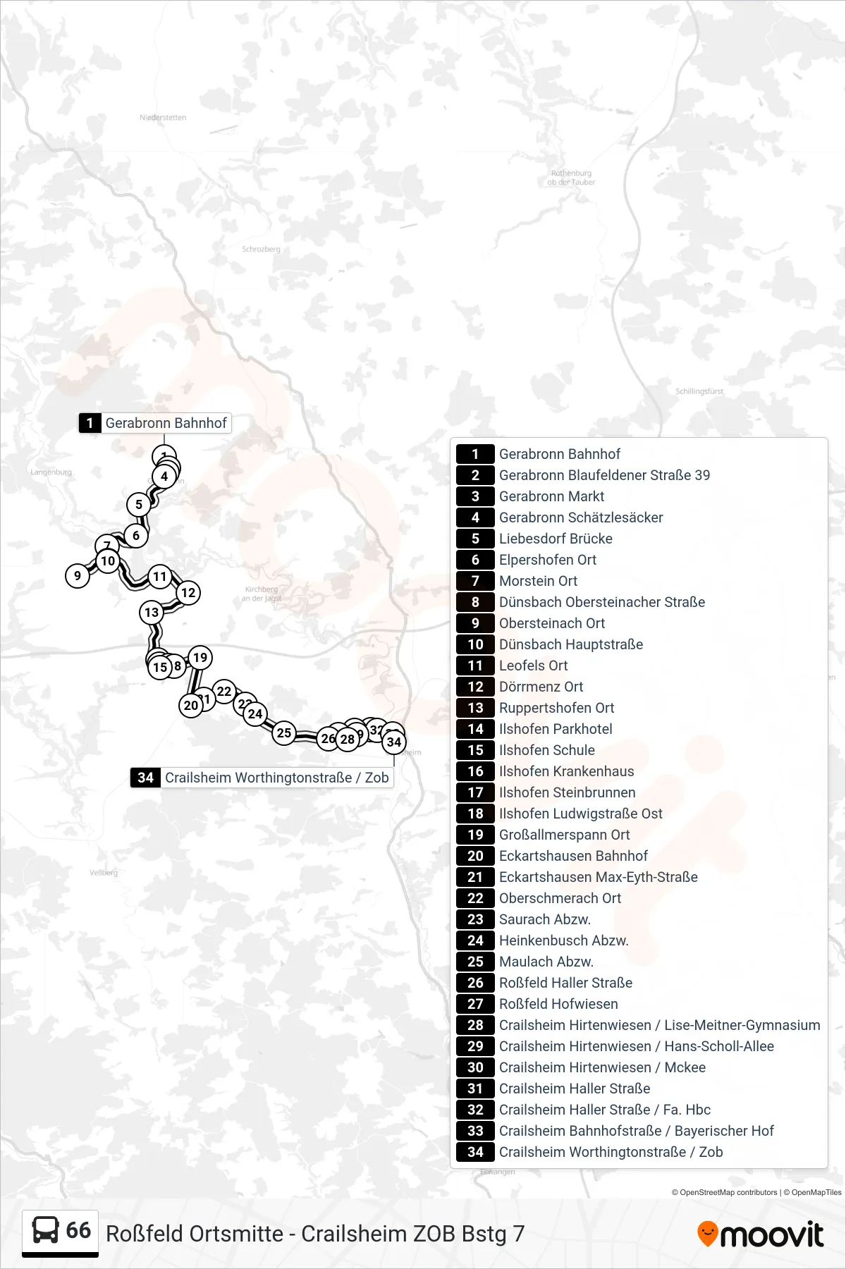 Linie 66 (Bus) Richtung Crailsheim Worthingtonstraße / Zob: Route und Haltestellen auf der Karte