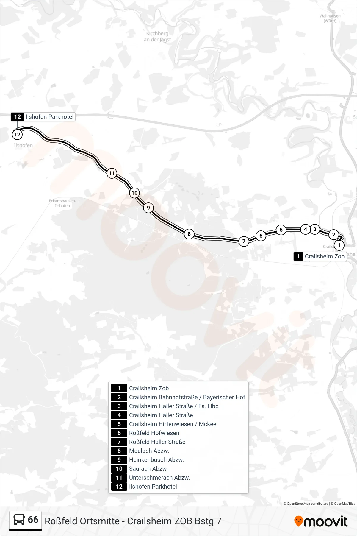 66 bus Line (Ilshofen Parkhotel) route and stops on a map