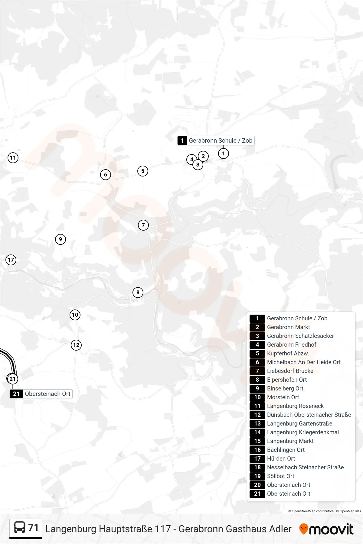 71 bus Line (Obersteinach Ort) route and stops on a map