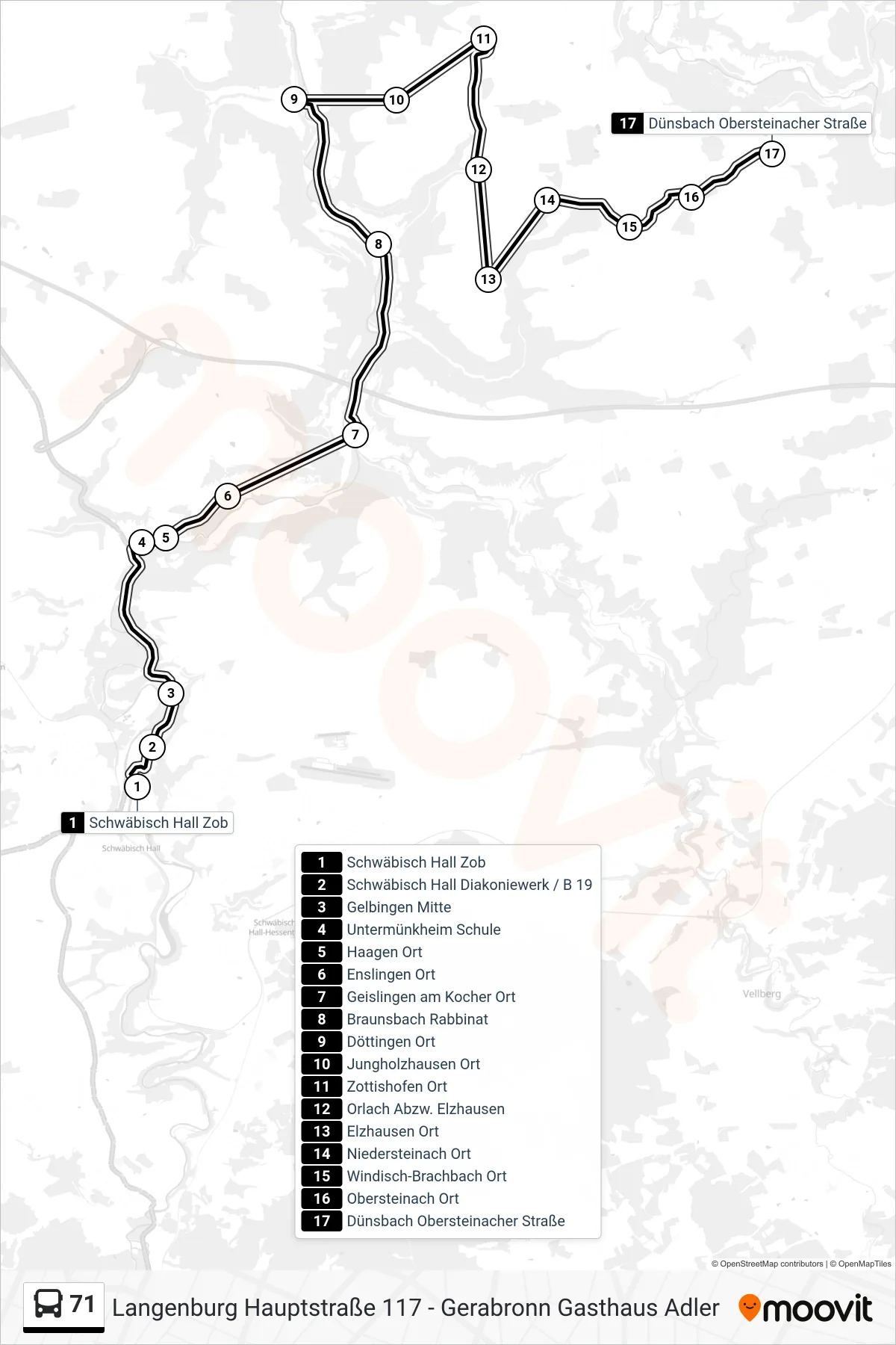 71 bus Line (Dünsbach Obersteinacher Straße) route and stops on a map