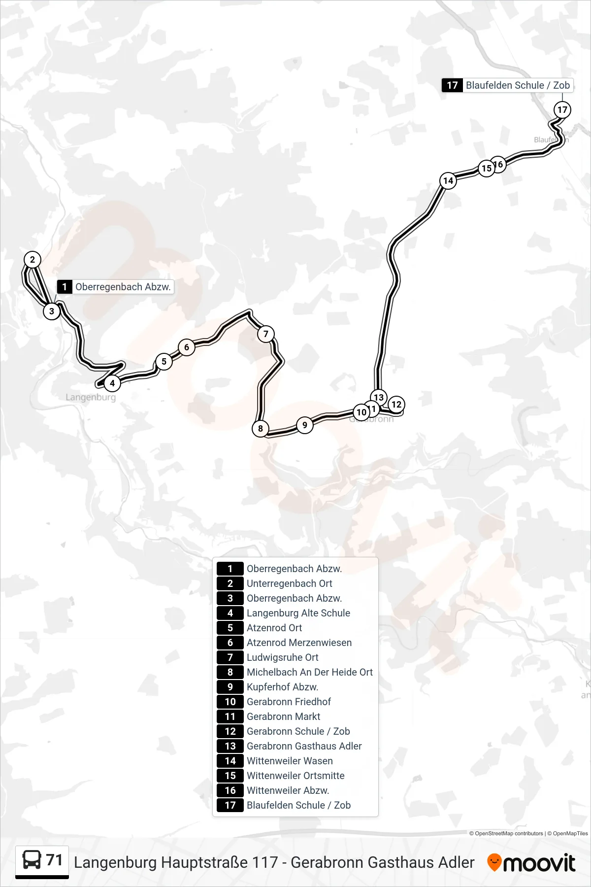 Linie 71 (Bus) Richtung Blaufelden Schule / Zob: Route und Haltestellen auf der Karte