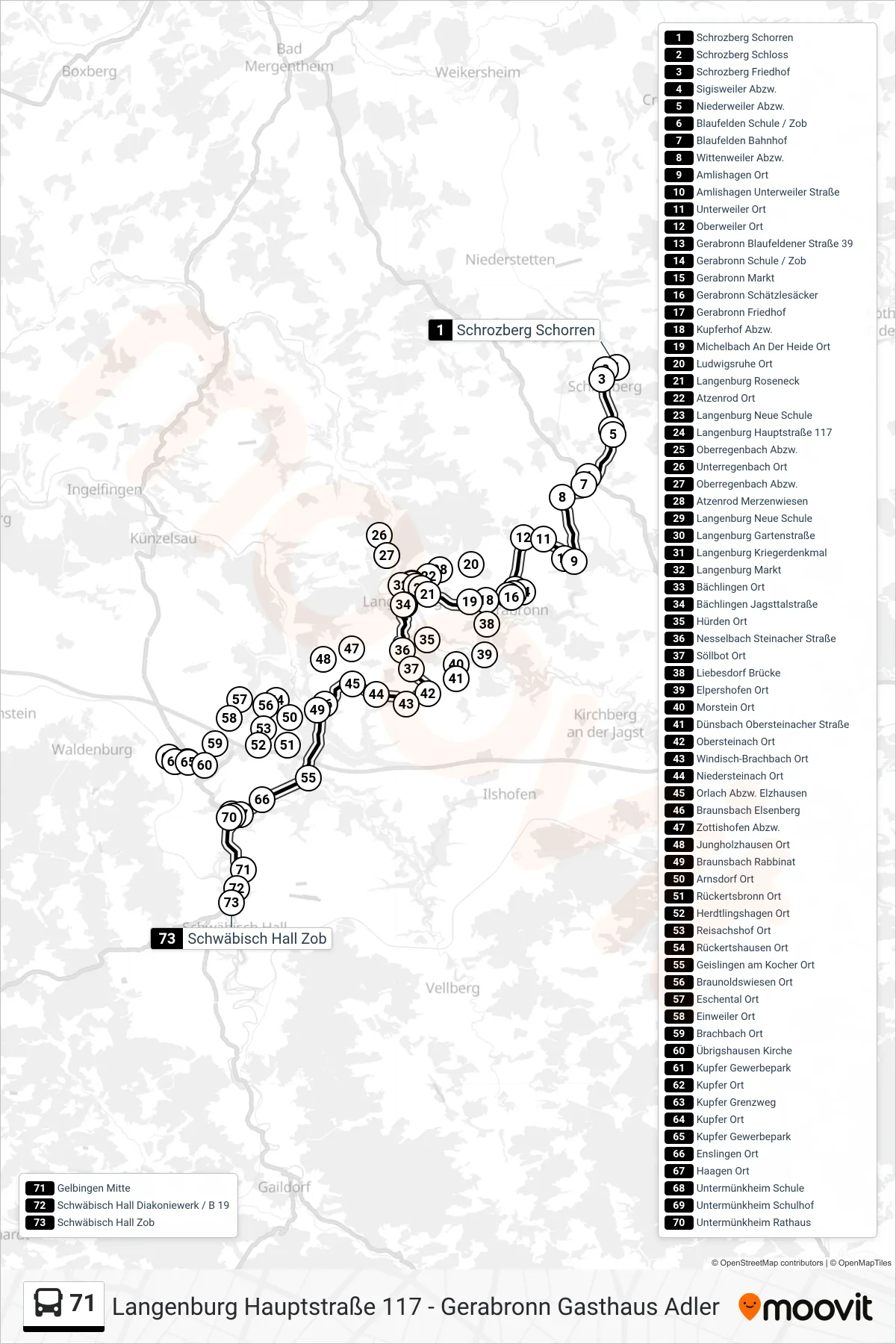 71 bus Line (Schwäbisch Hall Zob) route and stops on a map