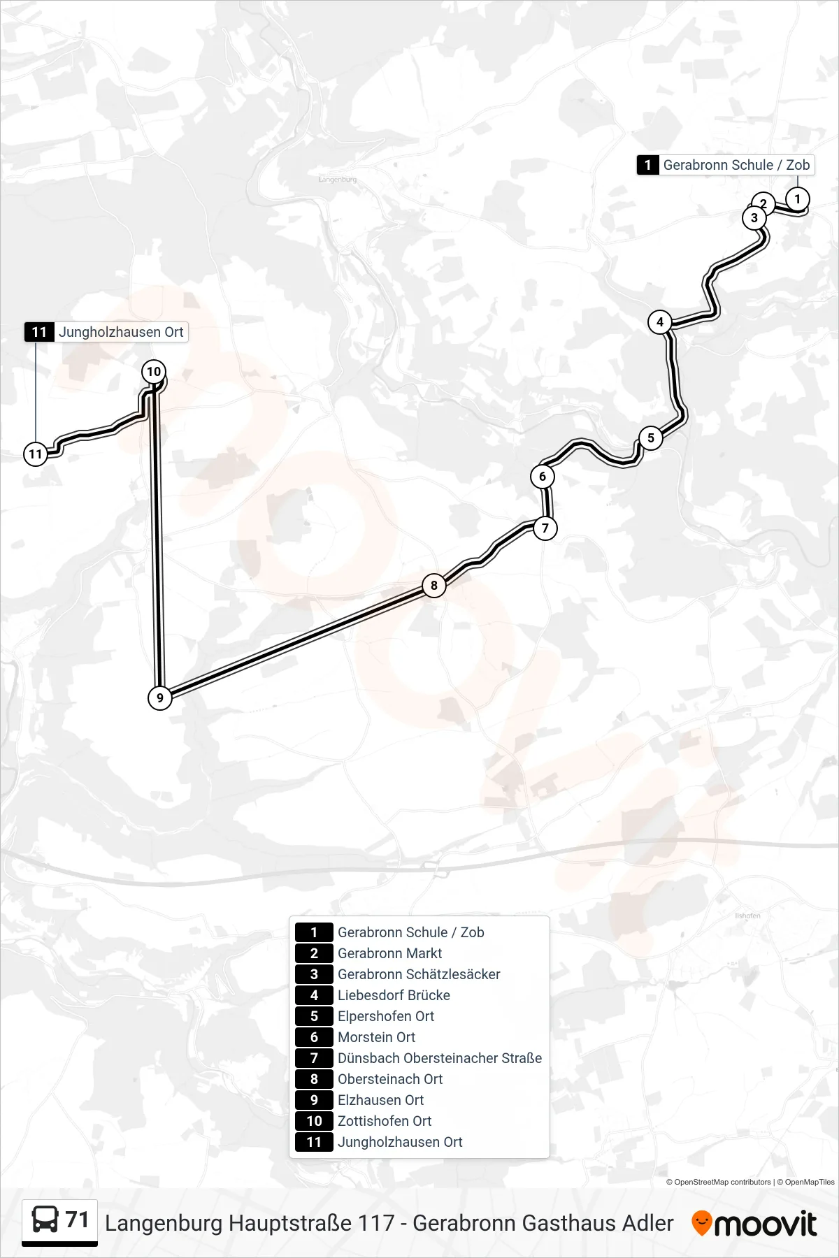 71 bus Line (Jungholzhausen Ort) route and stops on a map