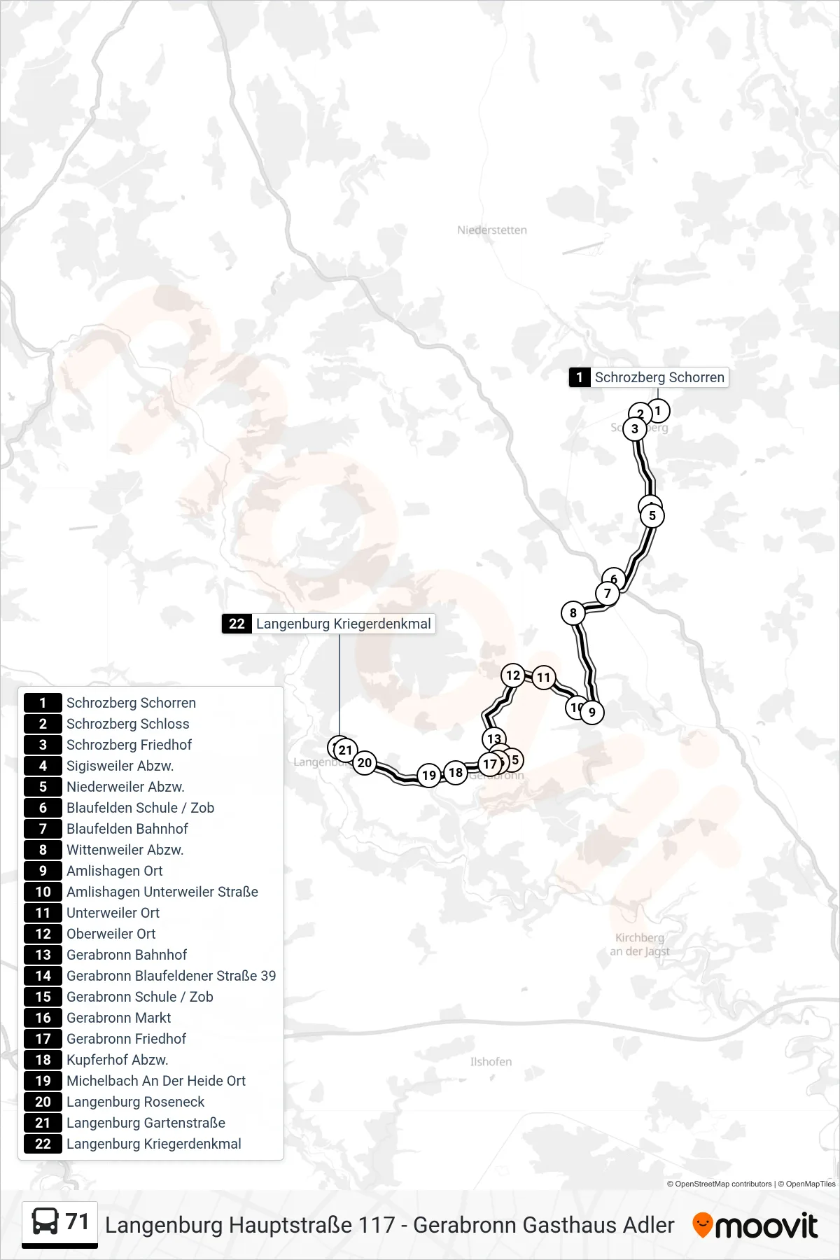 71 bus Line (Langenburg Kriegerdenkmal) route and stops on a map