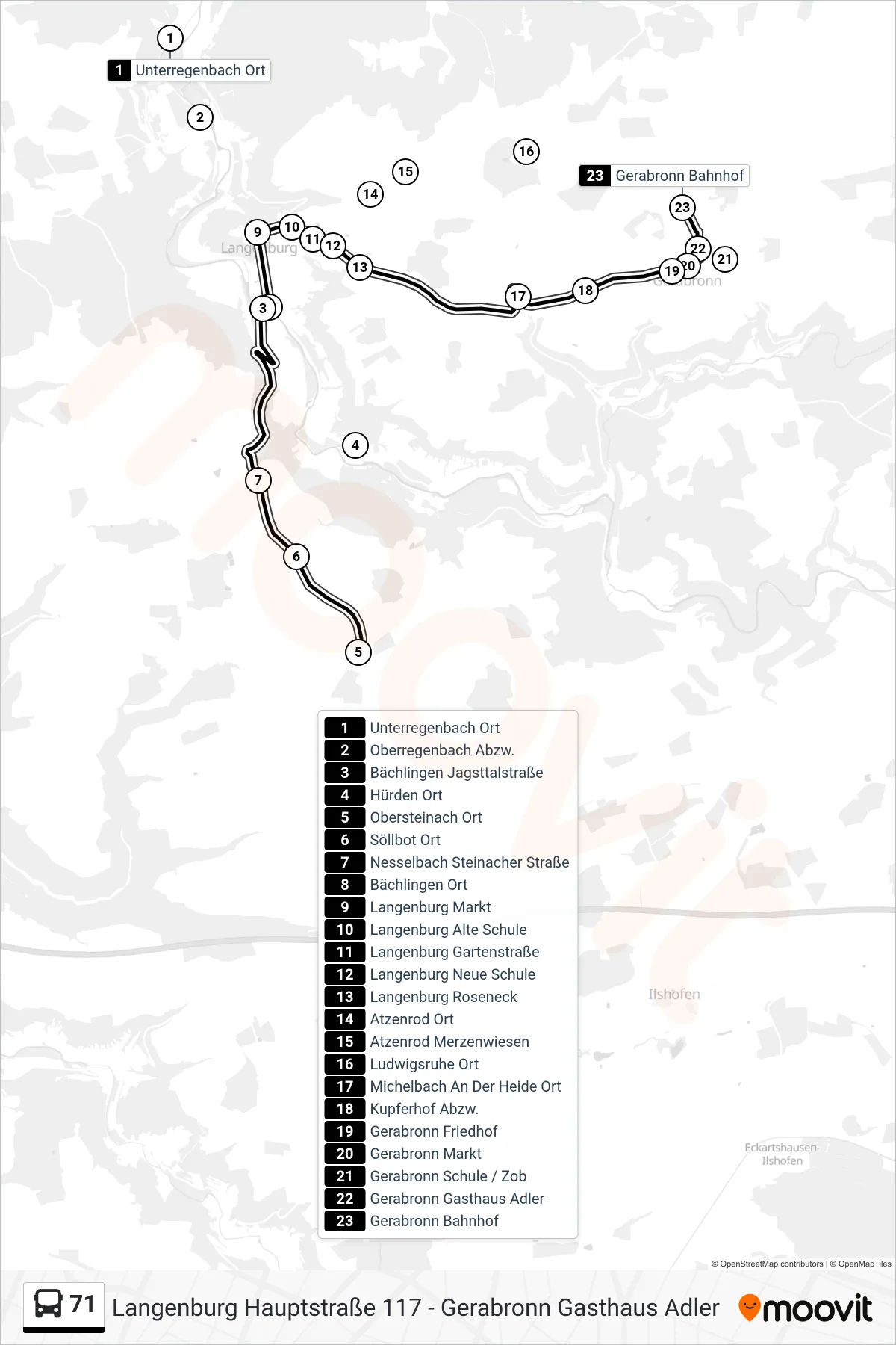 71 bus Line (Gerabronn Bahnhof) route and stops on a map