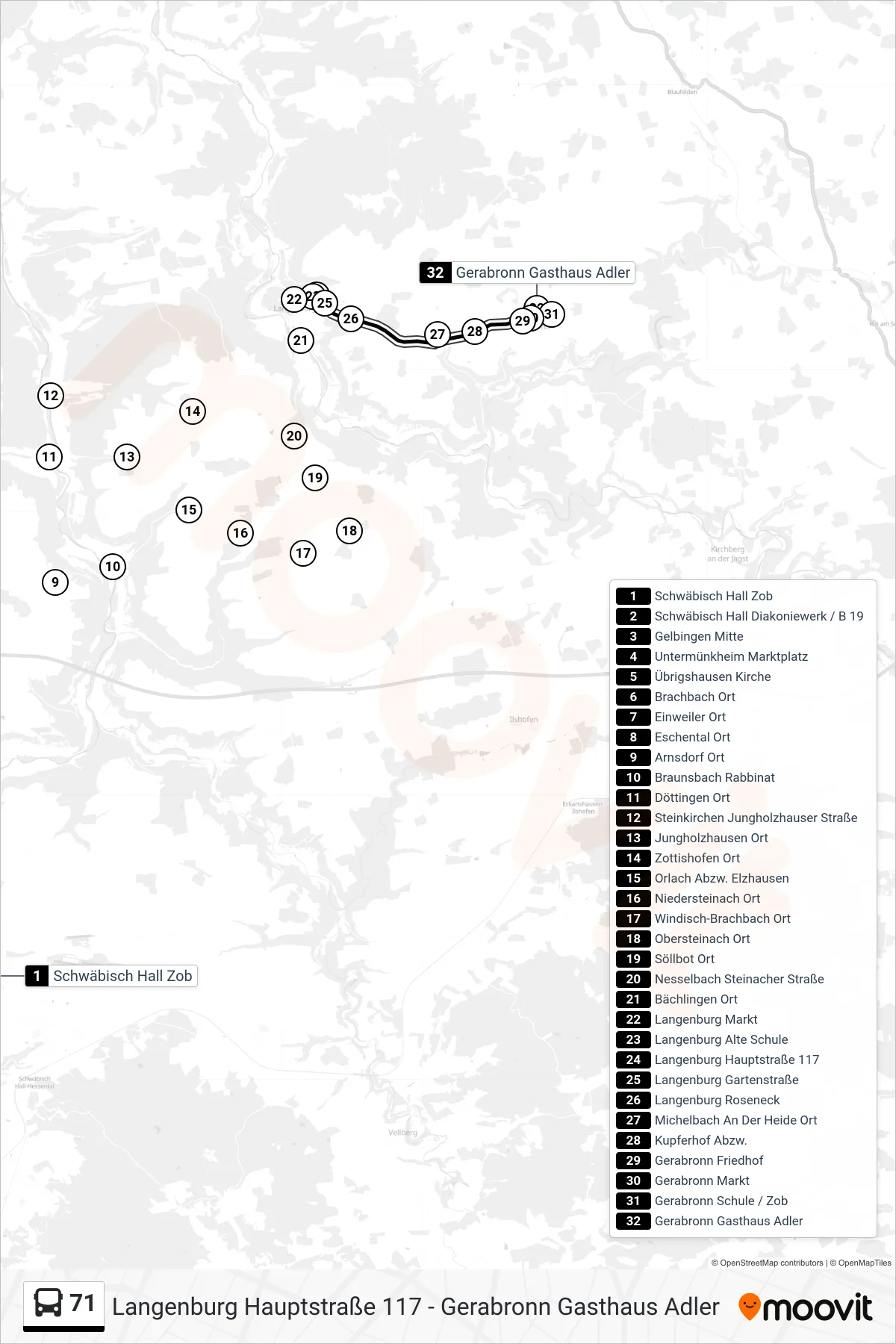 71 bus Line (Gerabronn Gasthaus Adler) route and stops on a map