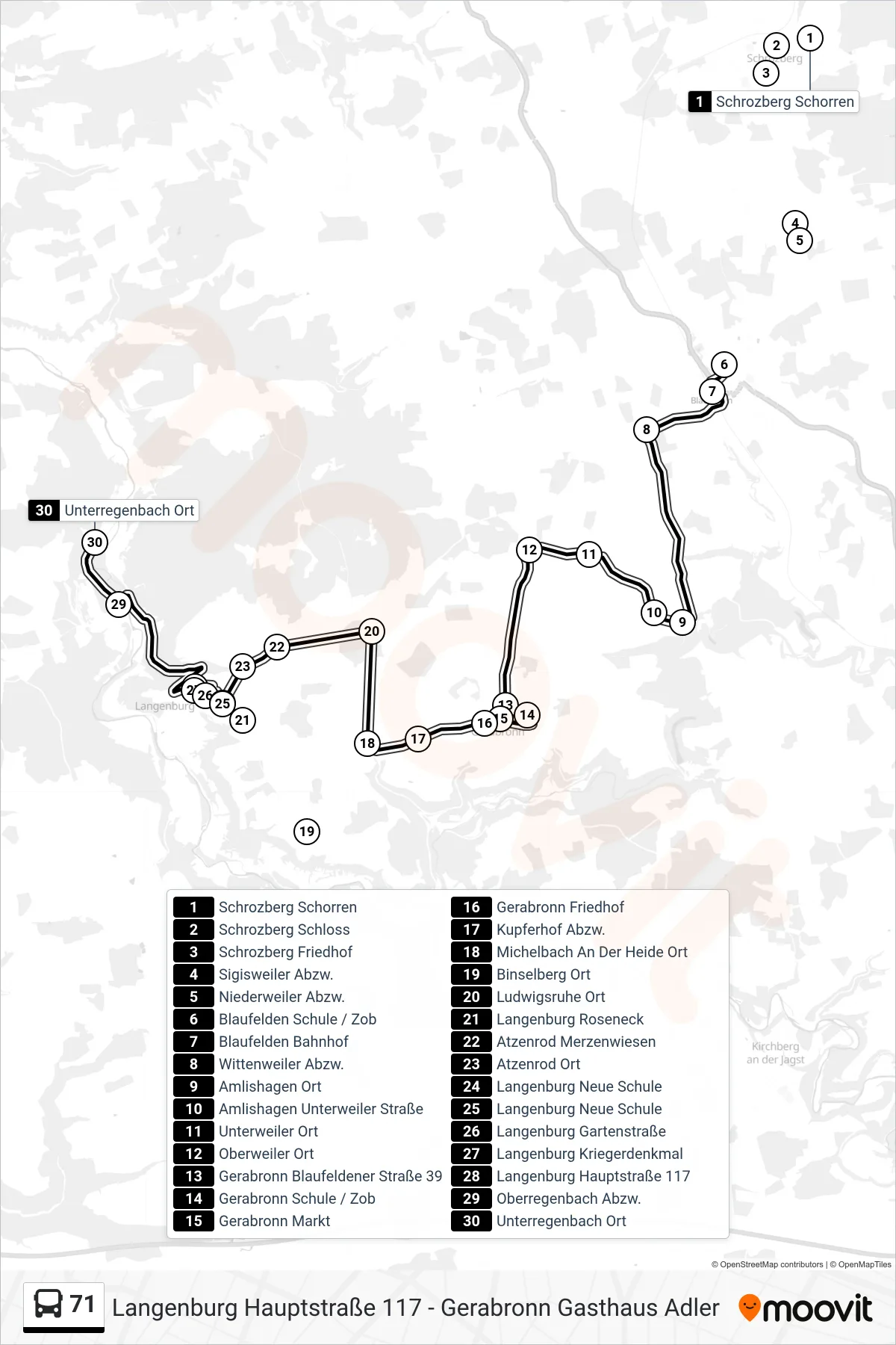 71 bus Line (Unterregenbach Ort) route and stops on a map