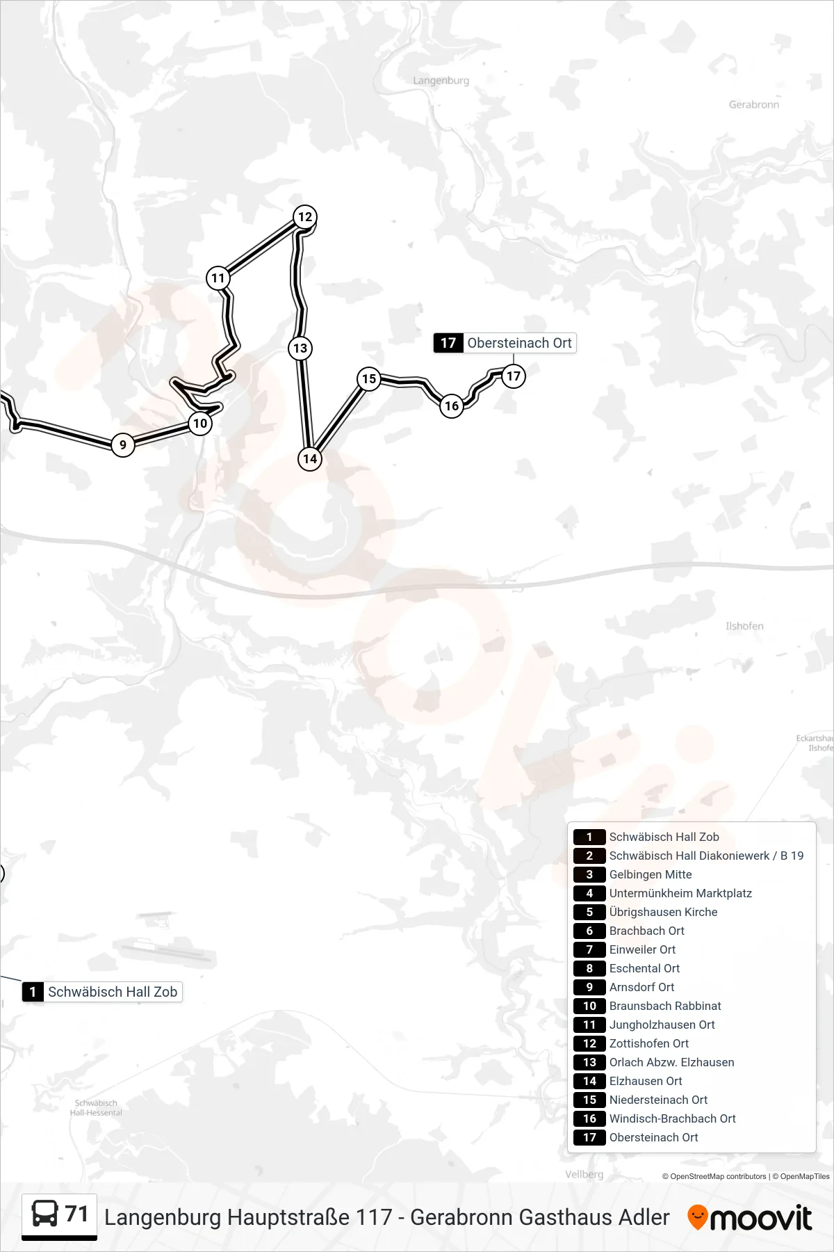 71 bus Line (Obersteinach Ort) route and stops on a map