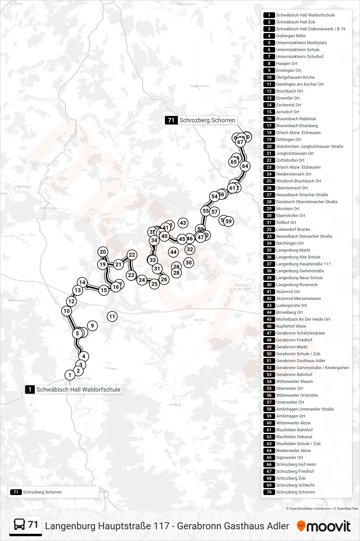 71 bus Line (Schrozberg Schorren) route and stops on a map