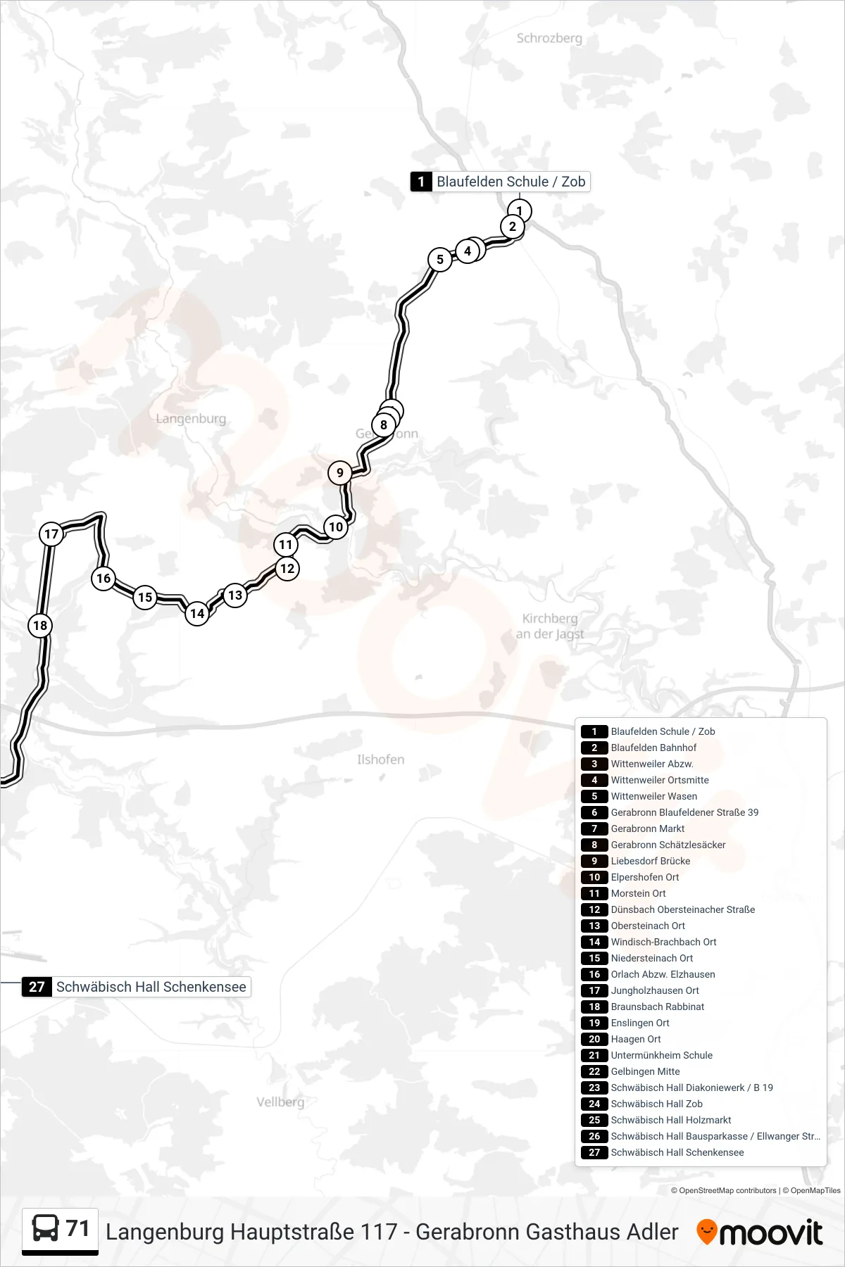 71 bus Line (Schwäbisch Hall Schenkensee) route and stops on a map