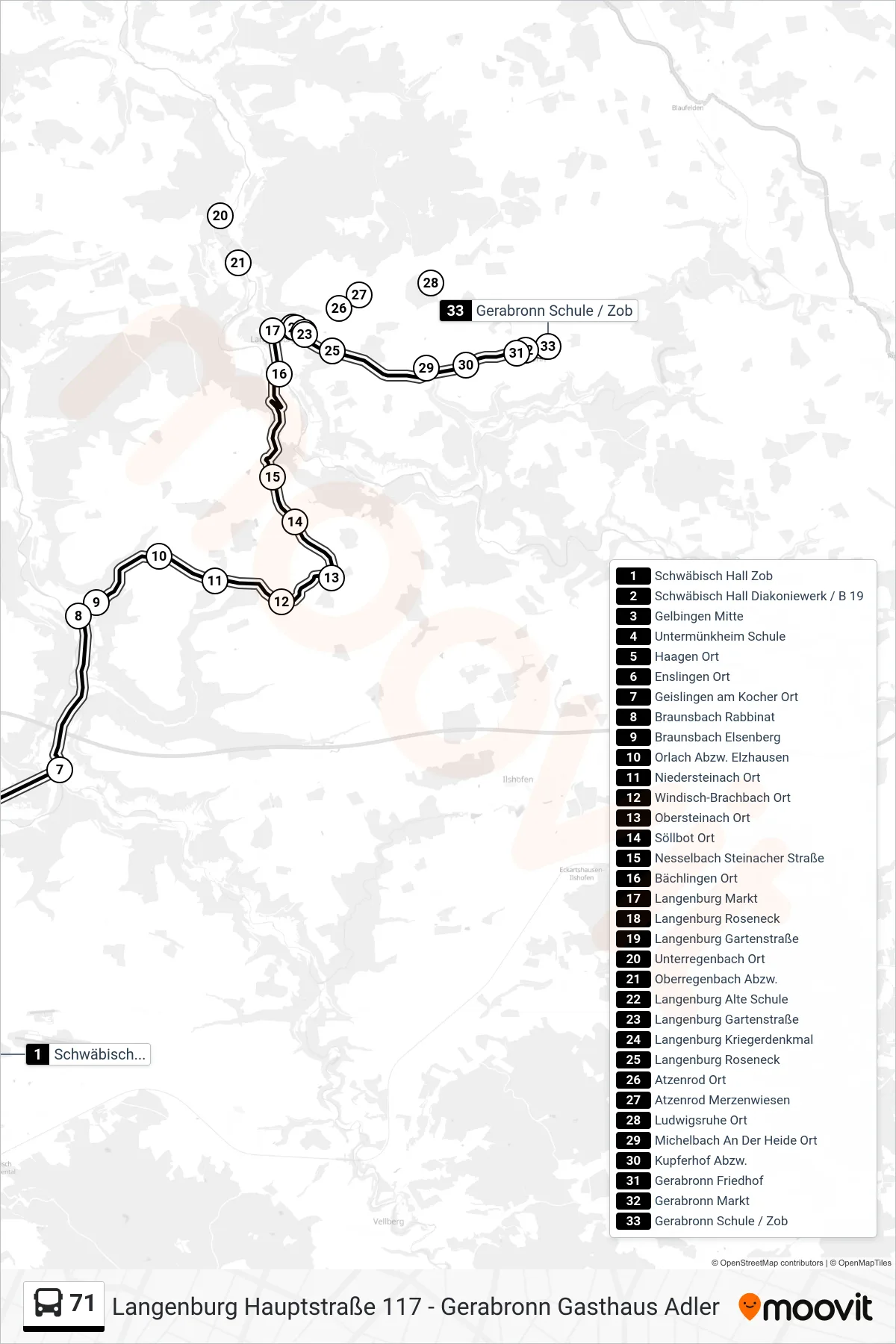 71 bus Line (Gerabronn Schule / Zob) route and stops on a map