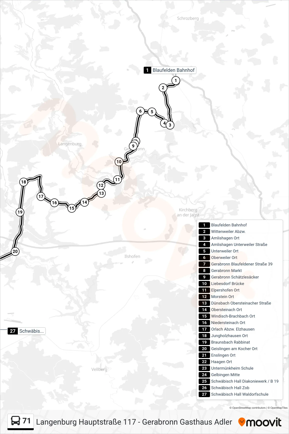 71 bus Line (Schwäbisch Hall Waldorfschule) route and stops on a map