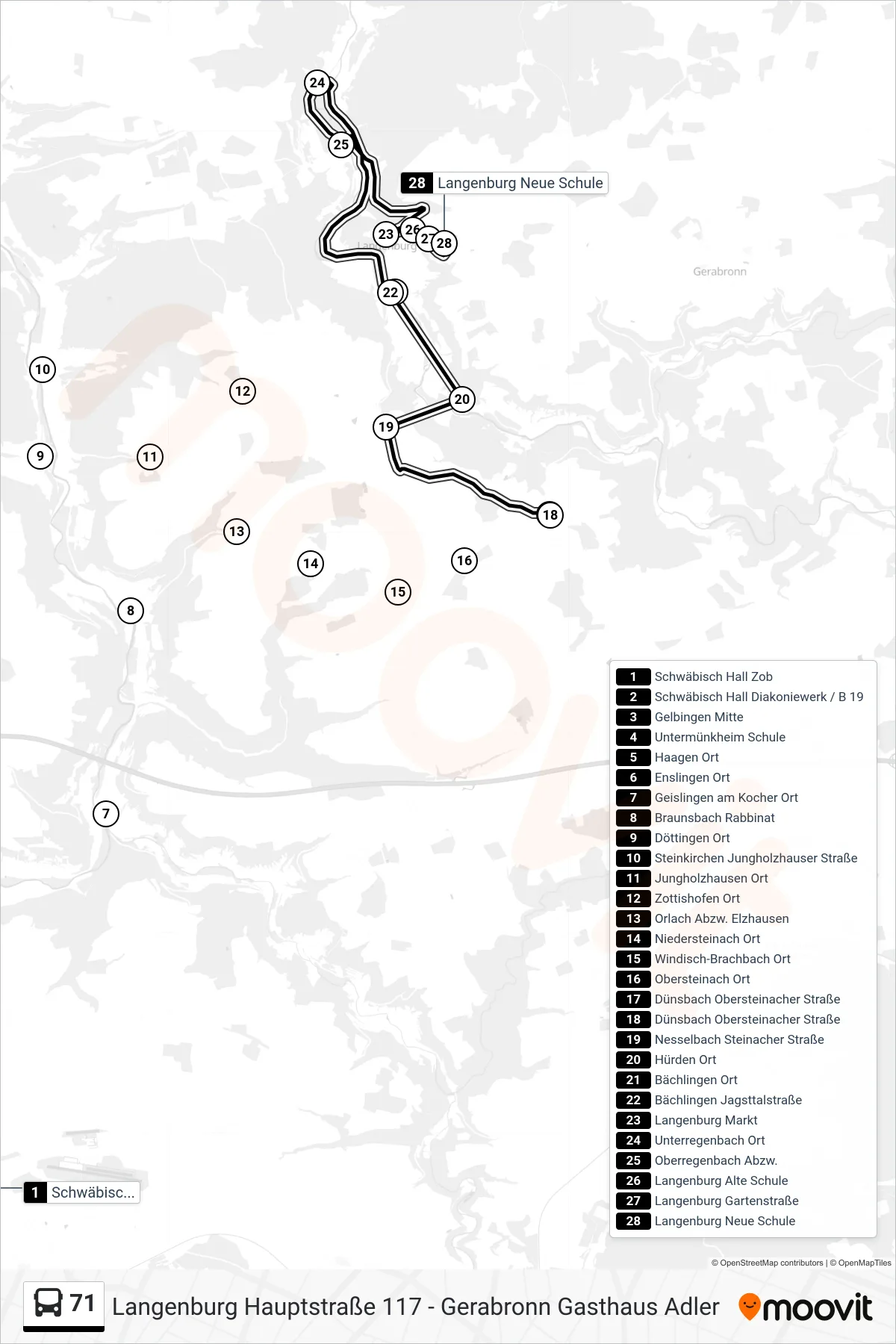 71 bus Line (Langenburg Neue Schule) route and stops on a map
