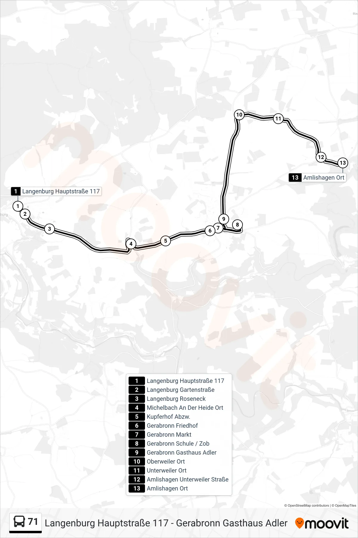 71 bus Line (Amlishagen Ort) route and stops on a map