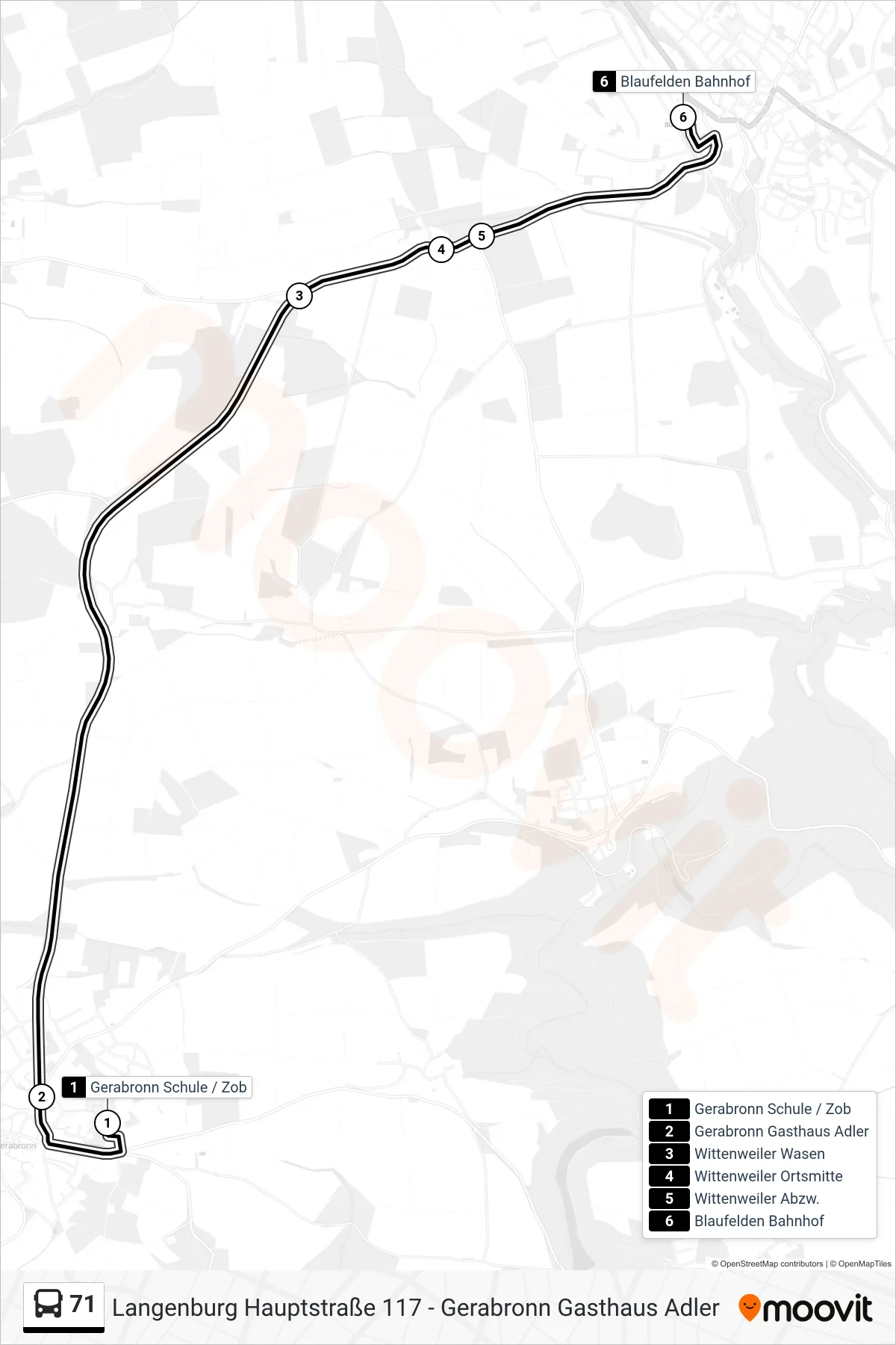 71 bus Line (Blaufelden Bahnhof) route and stops on a map