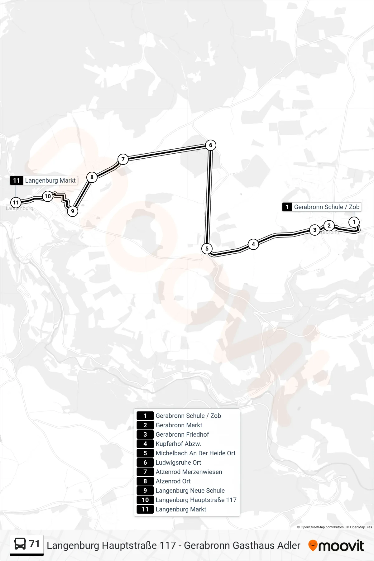 71 bus Line (Langenburg Markt) route and stops on a map