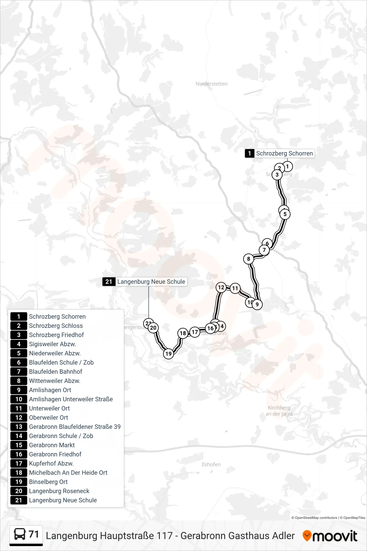 71 bus Line (Langenburg Neue Schule) route and stops on a map